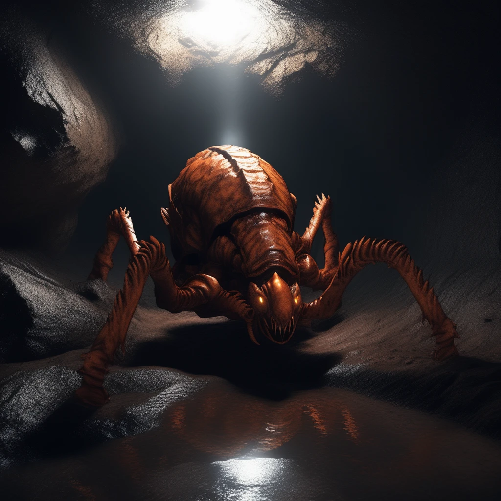 professional 3d model rust monster, prowling through an underground mine, glowing veins of metal in the walls, narrow passageways, low-angle shot, dim torchlight, ominous shadows, claustrophobic atmosphere, photorealistic detail <lora:Rust monster - sdxl1.0:1> . octane render, highly detailed, volumetric, dramatic lighting