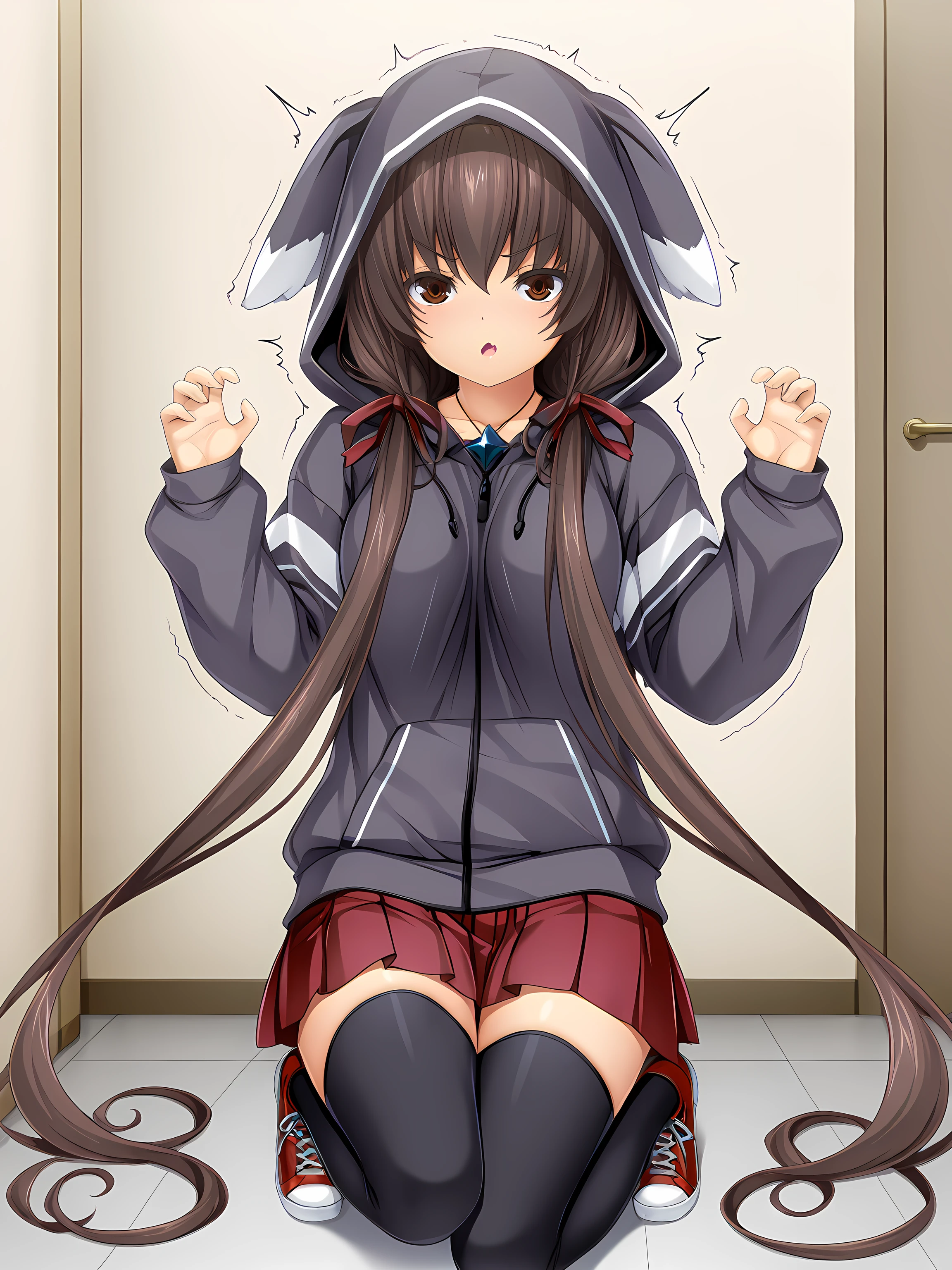 1girl,souma,inoino,casual outfit,<lora:Souma__Spica_-_Exs-Tia:1>,medium breasts,souma,animal hood,growling,hands up,v-shaped eyebrows,playful mood,very long hair,hair over shoulder,thighhighs,sneakers,indoors,simple background, red skirt,, masterpiece,best quality,amazing quality,