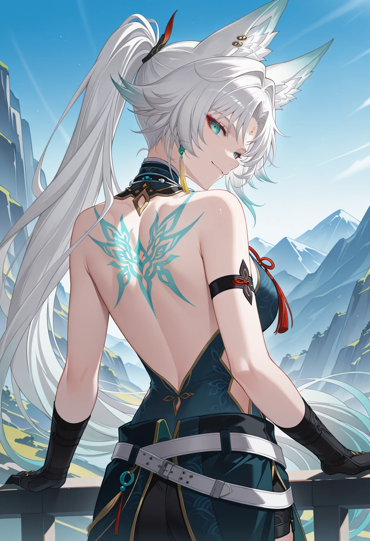 masterpiece, best quality, 1girl, solo, Fe1x10df, animal ears, long hair, ponytail, multicolored hair, white hair, red eyeliner, ringed eyes, forehead mark, ear piercing, tassel hair ornament, tassel earring, back tattoo, bare back, sleeveless shirt, blue shirt, chinese clothes, high collar, arm strap, bare arms, red gloves, fingerless gloves, white belt, waist cape, black shorts, looking back, looking at viewer, smile, outdoors, mountain, hill, cliff, <lora:ChamFeixiaoIllustriousXL:1>