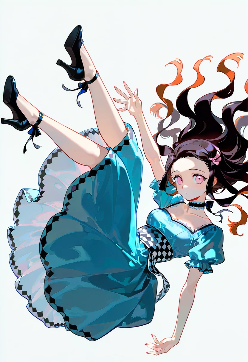 1girl,solo,looking at viewer, echo (circa),dress, short sleeves, checkered clothes, blue dress, choker, high heels,kamado nezuko, wonderland