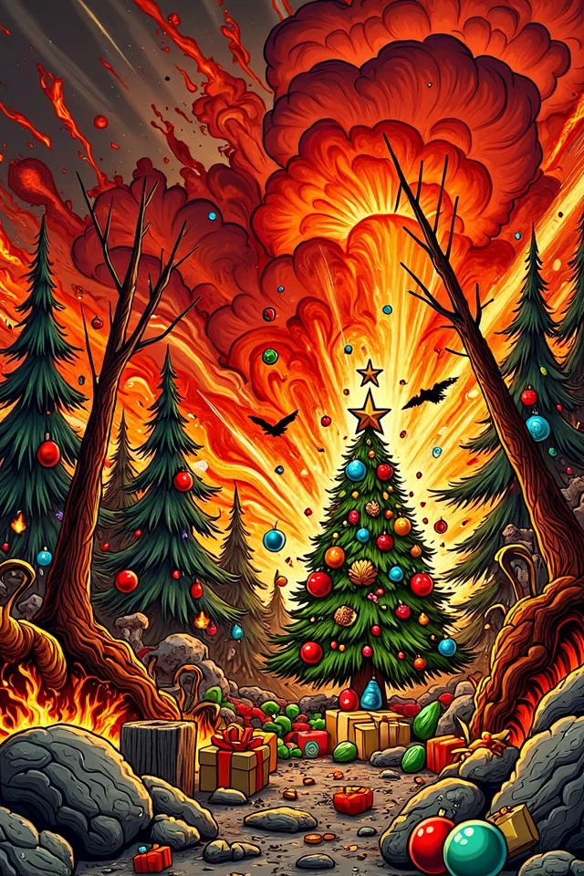 worxma style, smoke, ornaments, christmas tree, presents, explosion, illustration,
Asterix in A former forest now turned into a charred wasteland after a wildfire, with occasional fires still burning and smoke rising under a red, smoky sunset., 
Magnificently detailed, Eloquently described, Deeply illustrated, Prismatic detail, 
<lora:War_On_Christmas_Flux:0.60>