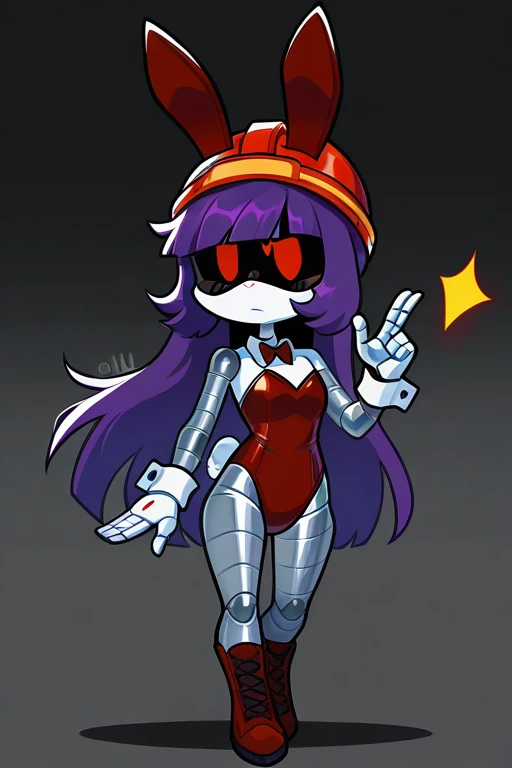 masterpiece, best quality, 2D, 1girl, D0ll, Purple Hair, Red Eyes, Robot, Visor, red helmet, playboy bunny