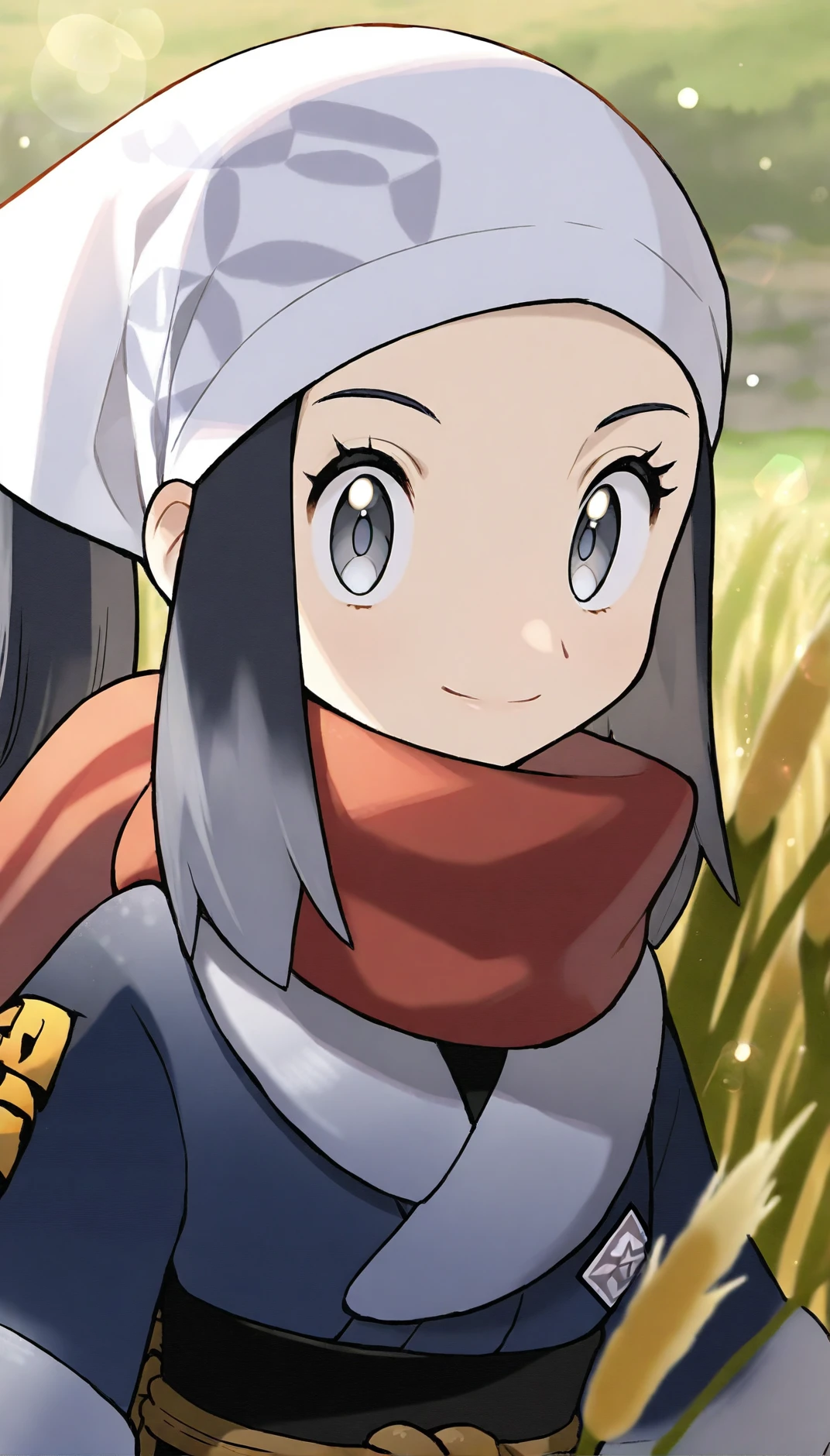 masterpiece,best quality,amazing quality,
<lora:hikaridawnIL:1>,akaridawn,
1girl,solo,
navy blue hair,long hair,ponytail,
grey eyes,smile,
white bandana,dark blue clothes,red scarf,black detached sleeves,
portrait,(in reeds:1.2),(reeds:1.2),(reeds cover lower body:1.2),
blurry background,depth of field,soft lighting,light particles,lens flare,fog,
