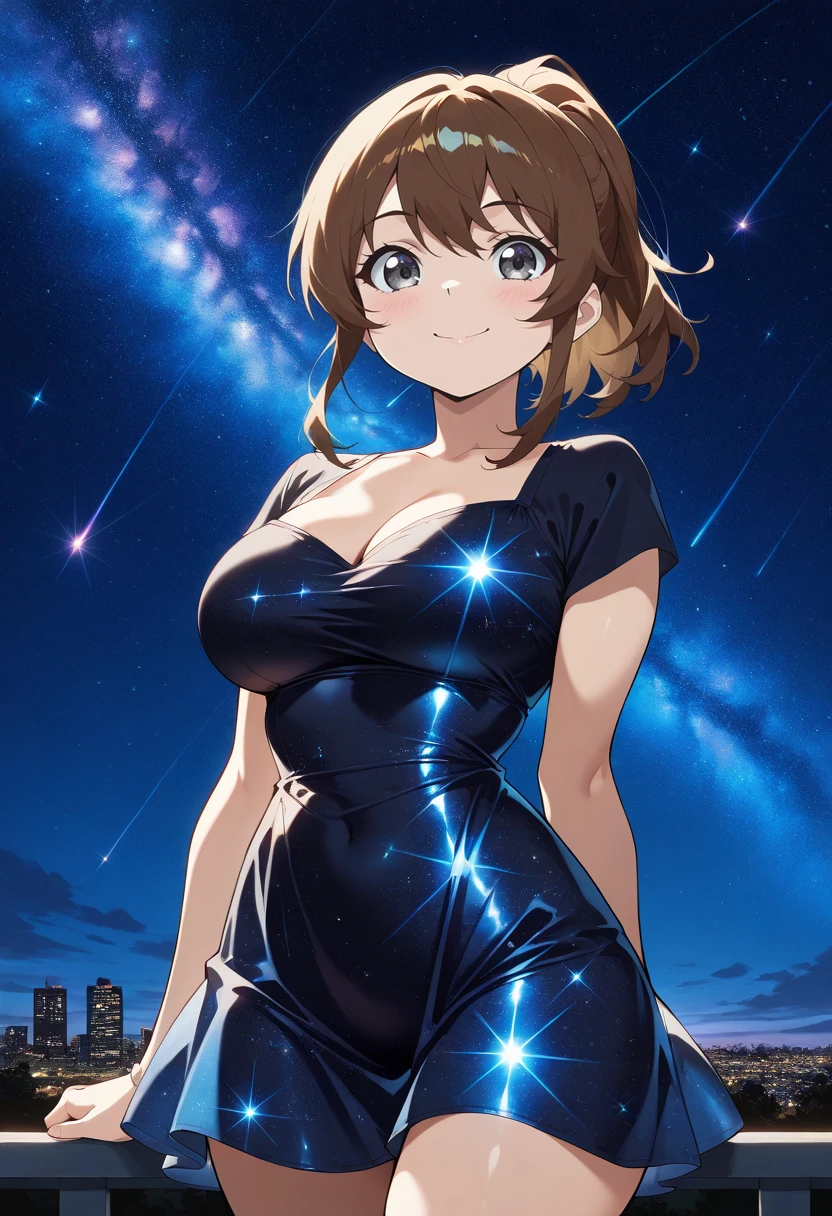 masterpiece,source_anime, best quality, perfect anatomy, very aesthetic, ((outlined outlined vector graphics)), source_anime, 1girl,20yo, brown hair, gray eyes, large breast, (ponytail:1.1), medium hair,(curvy:1.1),(light blue clohtes:1.1),bangs, outdoors, blush, cowboy shot, galaxy, gradient sky, glittering, glimmering, glowing , aetherical, looking at viewer, milky way,starry night, night, night sky, shooting star, sky, skyline, smile, solo, star \(sky\), star \(symbol\), starry background, starry sky, starry sky print,starrynightdress, starry night dress, black dress,,( short sleeve dress:1.2),see-though  <lora:starry-dress-il-01:1>