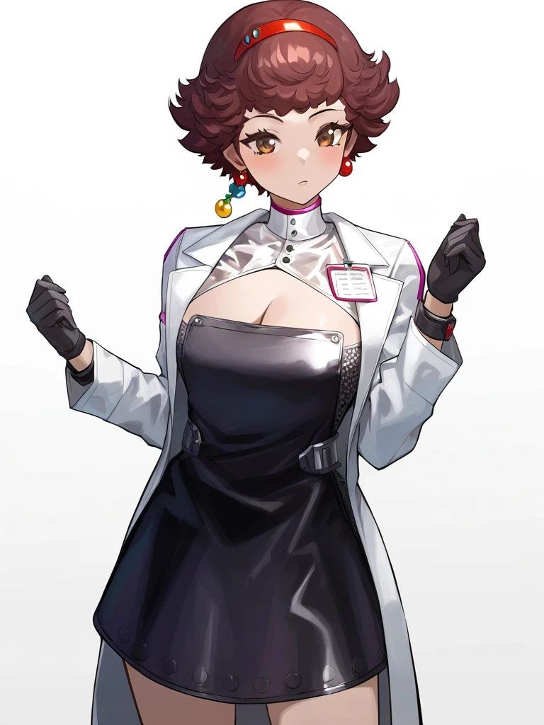 1girl,black gloves,cleavage,cowboy shot,mesmer jr.,simple background,solo,white background,,labcoat,<lora:mesmer-000012:0.8>, masterpiece, best quality, very aesthetic, absurdres