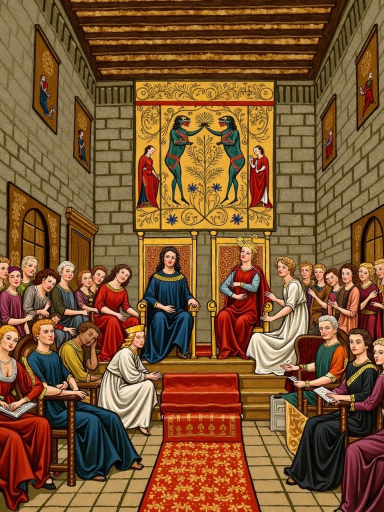 <lora:Medieval Art:1> Medieval illustration Art *"A large royal court in an ornate medieval throne room. The king and queen, dressed in regal attire, sit on golden thrones as courtiers, jesters, and advisors discuss matters of the kingdom. Tapestries and banners hang grandly on the stone walls."*