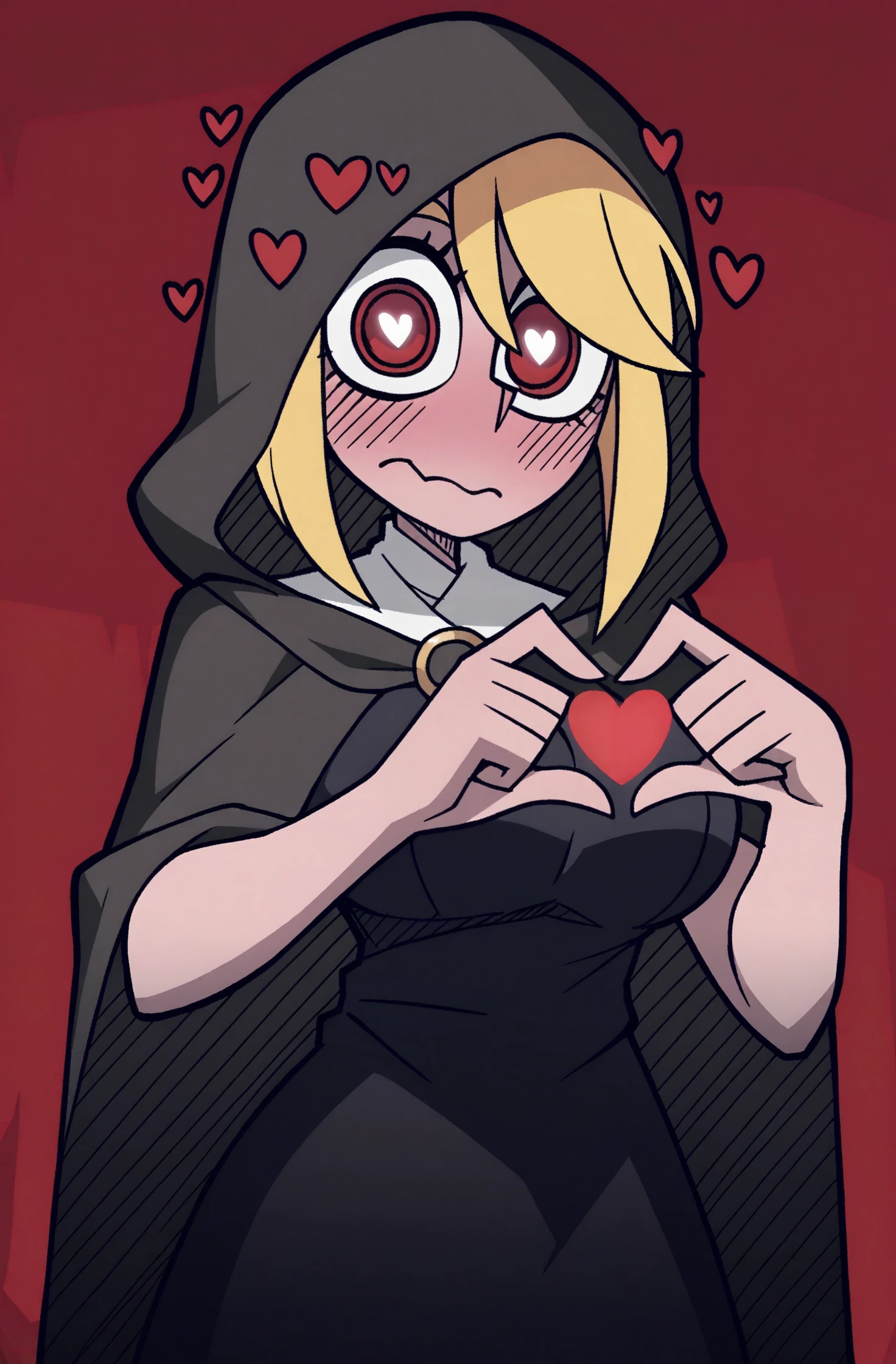 masterpiece, best quality, Vanripper, 1girl, heart, style parody, parody, solo, red eyes, blonde hair, symbol-shaped pupils, heart-shaped pupils, hood, cloak, red background, hooded cloak, blush, black dress, looking at viewer, heart hands, , closed mouth
