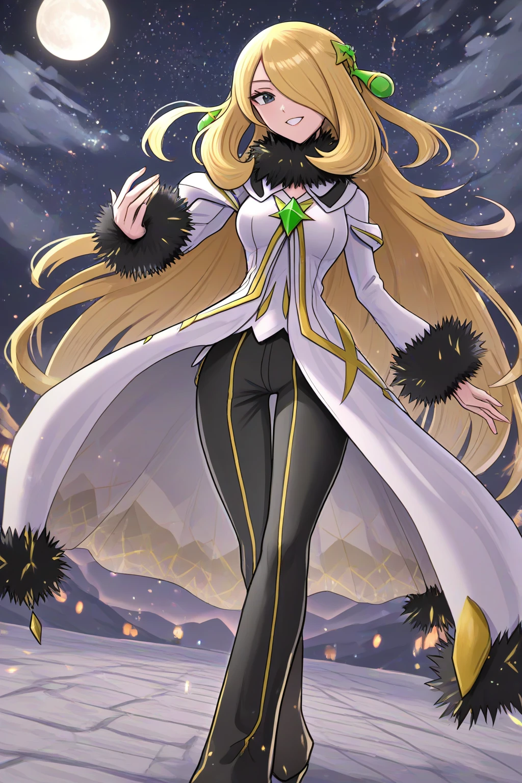 [hinosaki, gonzarez, leveen], (1girl), solo, standing, full-body, starry_sky, moon, night, smile, arccynthia, [[cynthia_\(pokemon\)]], very_long_hair, blonde_hair, hair_over_one_eye, grey_eyes, emerald_hair_ornament, deatached_sleeves, fur-trimmed_sleeves, white_coat, fur-trimmed_coat, black_fur_trim white_sleeves, fur_collar, black_pants, shoes, black_footwear, official_alternate_costume, medium_breasts, masterpiece,amazing quality, very aesthetic, high resolution ,ultra-detailed, absurdres, newest