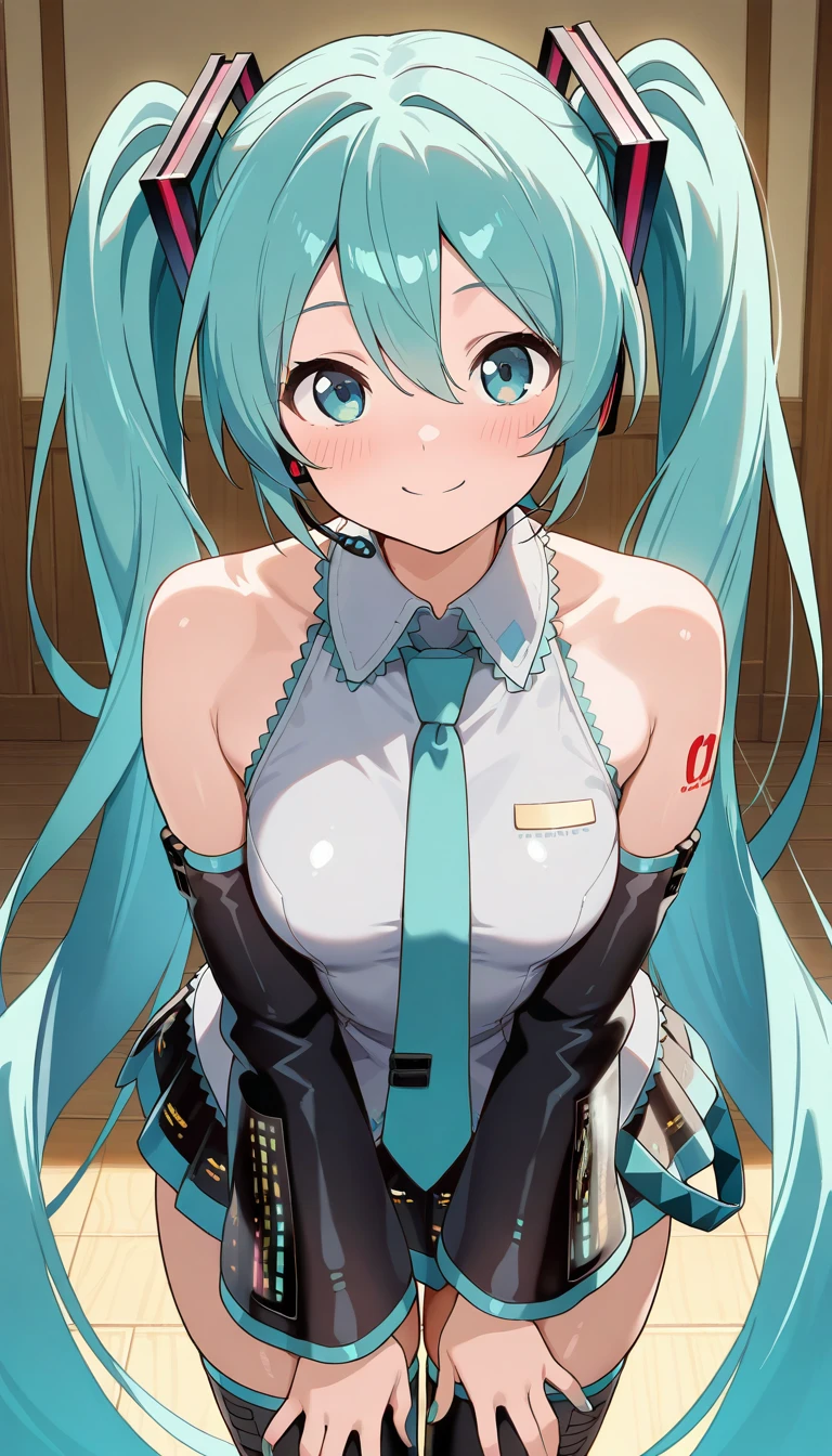 (masterpiece),best quality,amazing quality,very aesthetic,absurdres,newest,perfect body,shiny skin,perfect eyes,detail1eye,well-defined fingers,well-defined fingernails,anime style,indoors,1girl,solo,upper body,(portrait:1.5),looking at viewer,facing viewer,smile,blush,hatsune miku,absurdly long hair,aqua hair,twintails,hair ornament,sidelocks,hair between eyes,parted bangs,aqua eyes,white shirt,collared shirt,bare shoulders,sleeveless shirt,aqua necktie,detached sleeves,black sleeves,shoulder tattoo,fringe,black thighhighs,miniskirt,pleated skirt,zettai ryouiki,thigh boots,<lora:Hatsune Miku(voi)-Illus:2>,