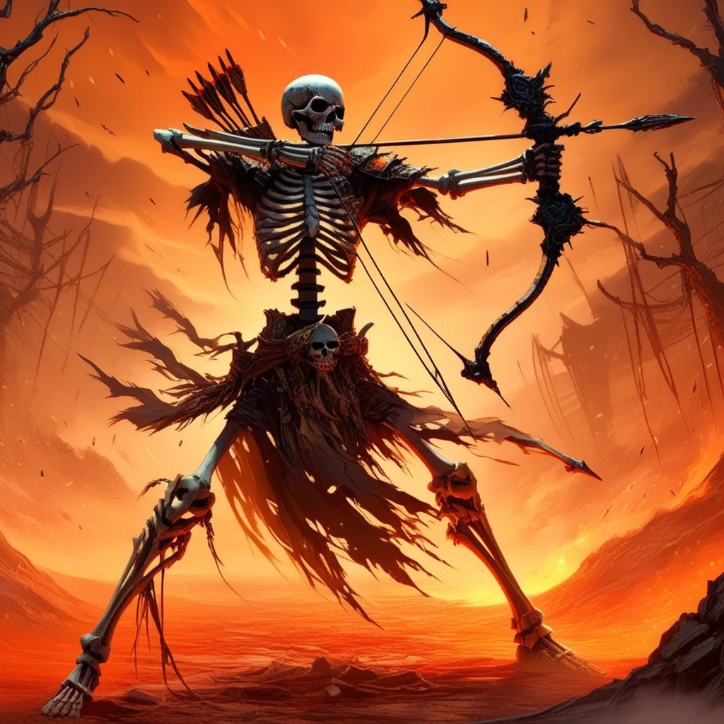 anime artwork skellies, skeletal warrior, aiming a longbow, fiery battlefield, raining ash, broken weapons, over-the-shoulder perspective, warm orange lighting, intense action, apocalyptic tone,  <lora:Skeletal Warriors- sdxl1.0:1> . anime style, key visual, vibrant, studio anime,  highly detailed