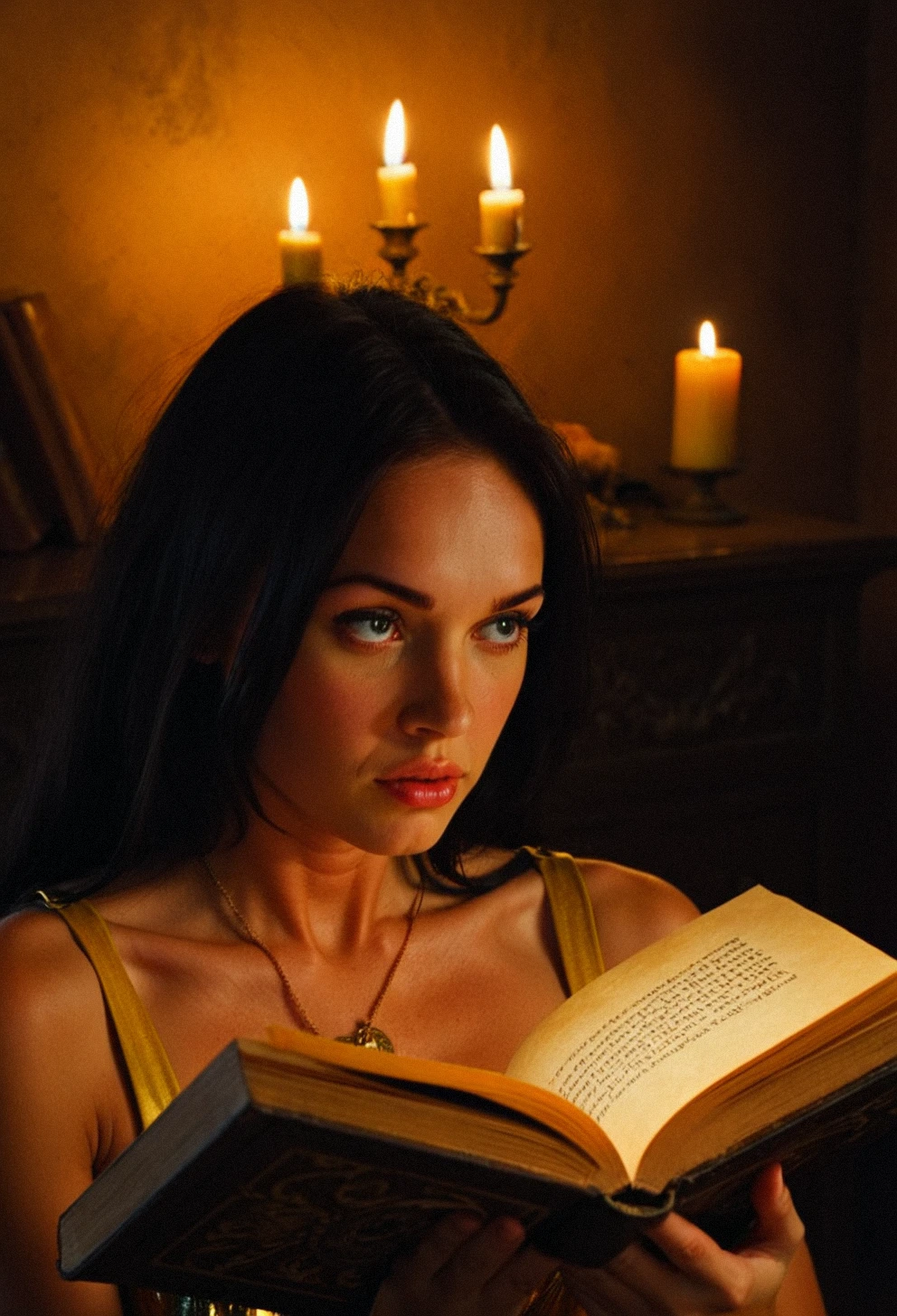 (score_9,score_8_up,score_7_up:0.35), photo_\\(medium\\), 1girl, realistic, attractive woman, Scene description: 1girl in Greek mythology sits in a dim study, holding a yellowed ancient book in her hand, the pages of which are full of legends about her. She looks focused, as if reading her own destiny.
Atmosphere: The dark yellow candlelight illuminates her face and the book, creating an atmosphere of nostalgia and contemplation.
Shooting details: Shoot her reading scene from a high angle, and use close-ups to capture the details of her fingers sliding across the pages of the book, making the picture full of heaviness. Her eyes shine in curiosity, she is wearing a golden armor with diamond decorations, my girlfriend (meganjenbodfox), black hair