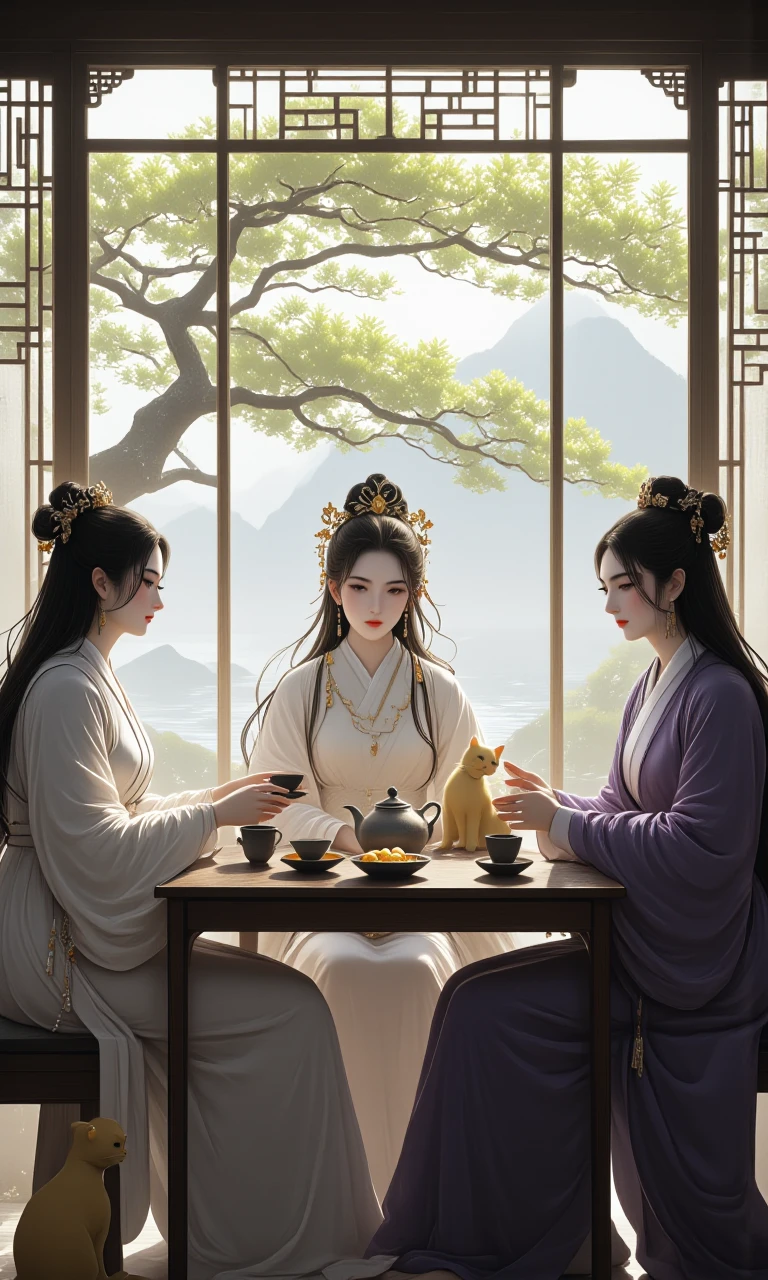 Top Atmosphere Photography Works, extremely realistic, midjourneyv6.1, hkdetailer,

(top quality, official art, best quality, beautiful and aesthetic, movie grade color grading, Epic, 24bit colors:1.2), 

three Asian women with long black hair, wearing traditional clothing, sitting at a table in front of a large window. The woman on the left is holding a teacup, while the woman in the middle is wearing a purple robe. The table is set with a teapot, cups, and a bowl of fruit. A yellow cat is sitting on the table next to the table. The background shows a lush, green tree with leaves and a window with a view of a lake. The style is reminiscent of traditional Chinese art.

elegant physique, digital painting, 