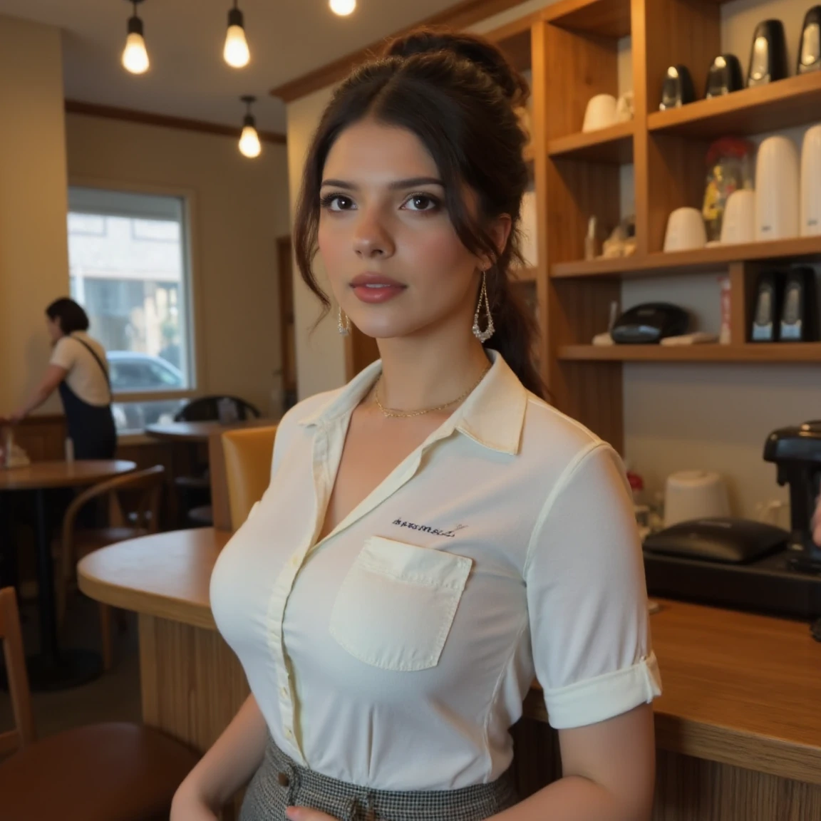 (A cinematic shot of <lora:Belindanohemy:1> a young woman with a light to medium skin tone. a stunning female model, updo ponytail hair, makeup and mascara. She is wearing a button-up white shirt and a skirt, standing in cafe looking at the viewer)