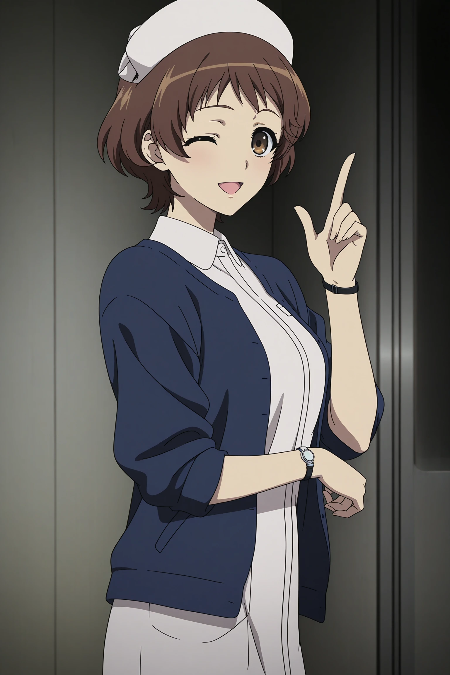 masterpiece, best quality, amazing quality, highres, absurdres, very aesthetic, high resolution, ultra detailed, perfect details, 1girl, solo, indoors, hospital, mizuno sanae, brown hair, short hair, brown eyes, nurse, nurse cap, blue cardigan, open cardigan, white shirt, collared shirt, long shirt, wristwatch, sandals, <lora:Sanae_Mizuno_ILXL:0.8>, (aged up:1.4), (cowboy shot:1.2), (anime coloring:1.2), (anime screencap:1.2), looking at viewer, smile, (vignetting:1.6), (pose:1.2), open mouth, from side, wink