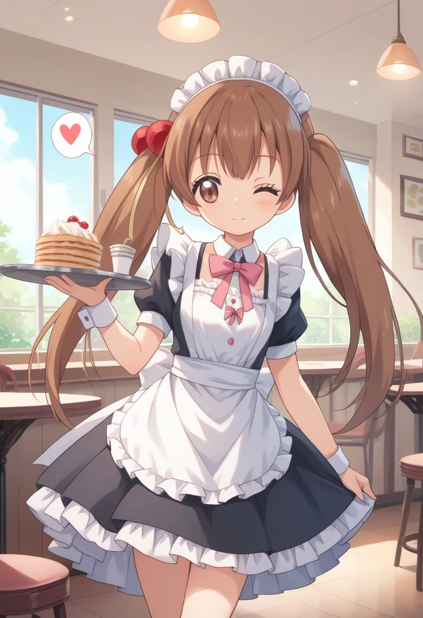 score_9, score_8_up, score_7_up, score_6_up, score_5_up, BREAK
jpairi, twintails, brown hair, hair ornament, hair bobbles, long hair, cafe, maid headdress, maid outfit, tray, one eye closed, spoken heart,