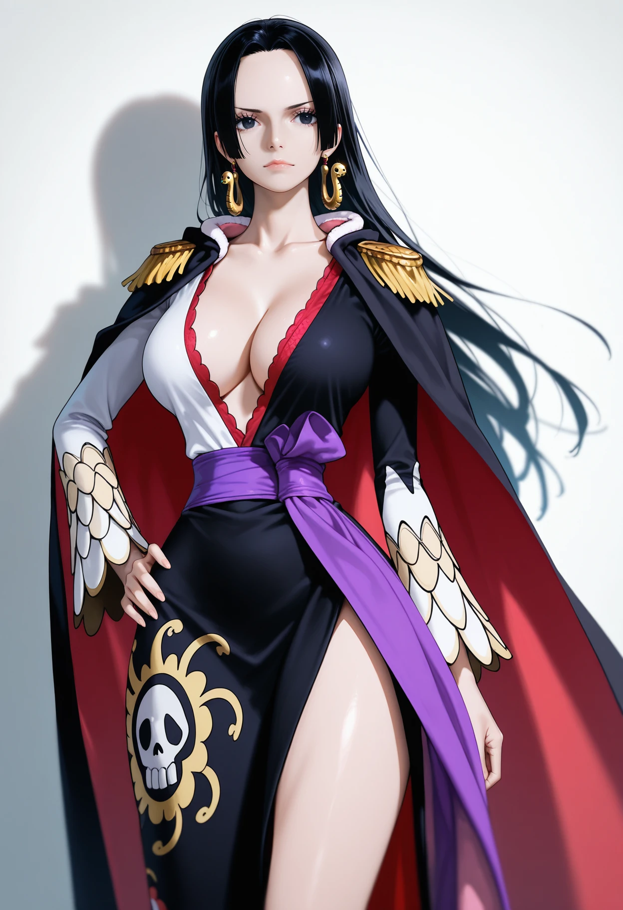 masterpiece, best quality, realistic,
 <lora:Boa Hancock 5 outfits [IL]:1.1> 1girl, boa hancock, black hair, jewelry, earrings, large breasts, long hair, black eyes, top half body,   ||4. YomamaBHstampede, cleavage, side slit, black cape, epaulettes, multi-color clothes, white clothes, black clothes, black dress, long sleeve, purple waist sash, skull pattern,