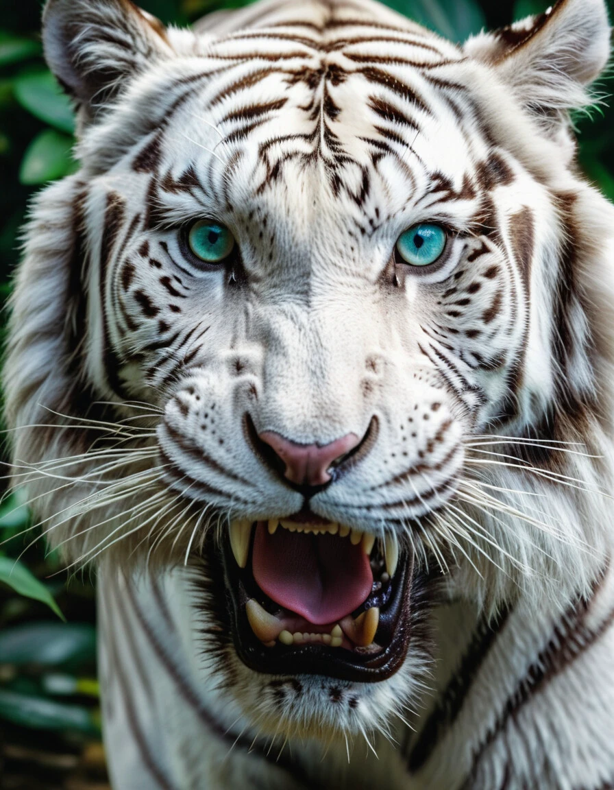 close-up of a roaring white tiger with black stripes, open mouth showing sharp teeth, intense blue eyes, green foliage and rocks blurred in the background, photorealistic detailing, natural sunlight highlighting whiskers and fur texture, animal portrait photography, masterpiece