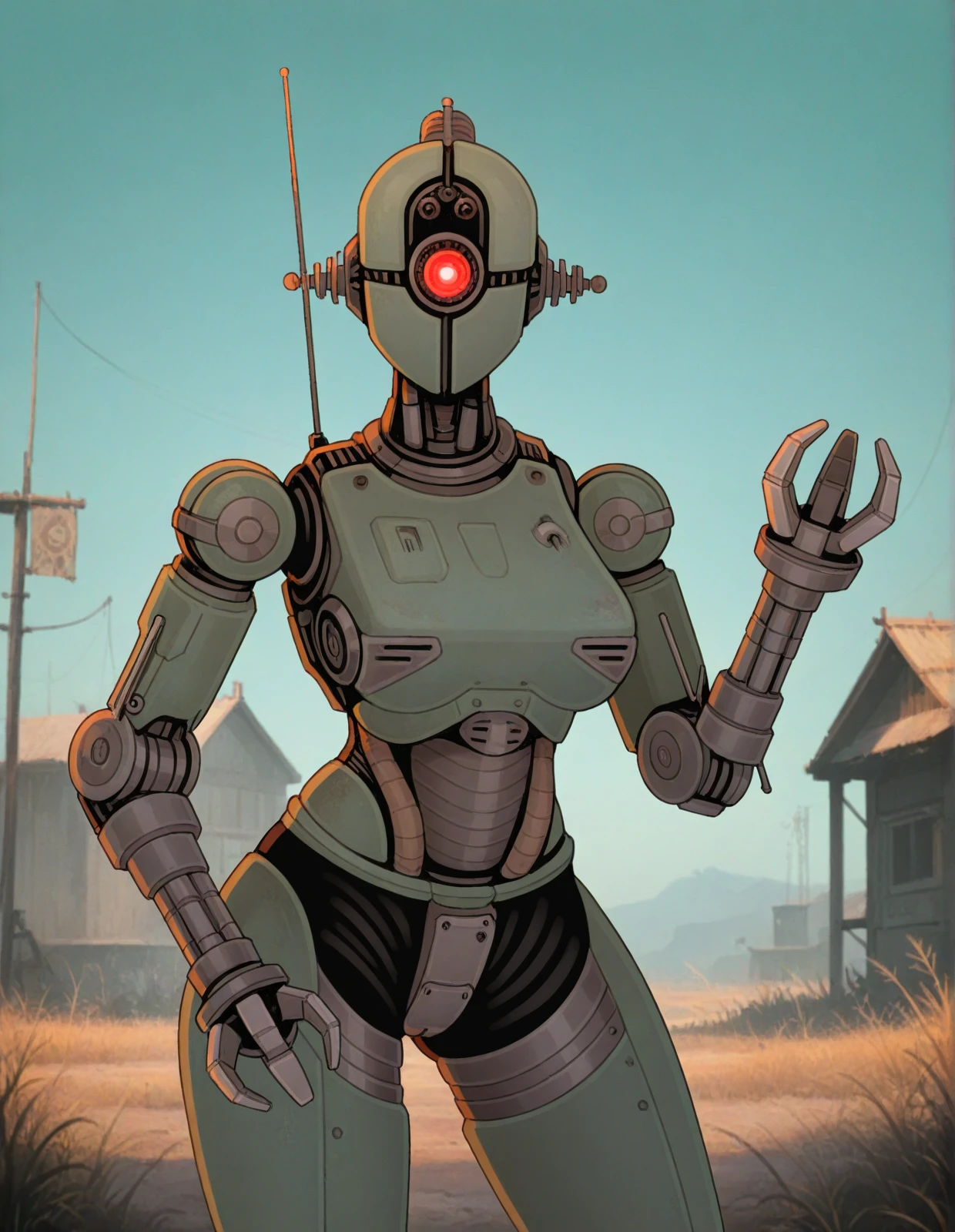 masterpiece, best quality, very awa, by pkaocko, <lora:Assaultron_noob-illustrious_:1> assaultron \(fallout\), assaultron, fallout, 1girl, solo, breasts, looking at viewer, robot, humanoid robot, machine, robot joints, one-eyed, joints, mechanical arms, crotch plate, science fiction, outside, green armor, robotic hand, 3 fingers, detailed background, outside, green sky,âââ radio antenna,âââ