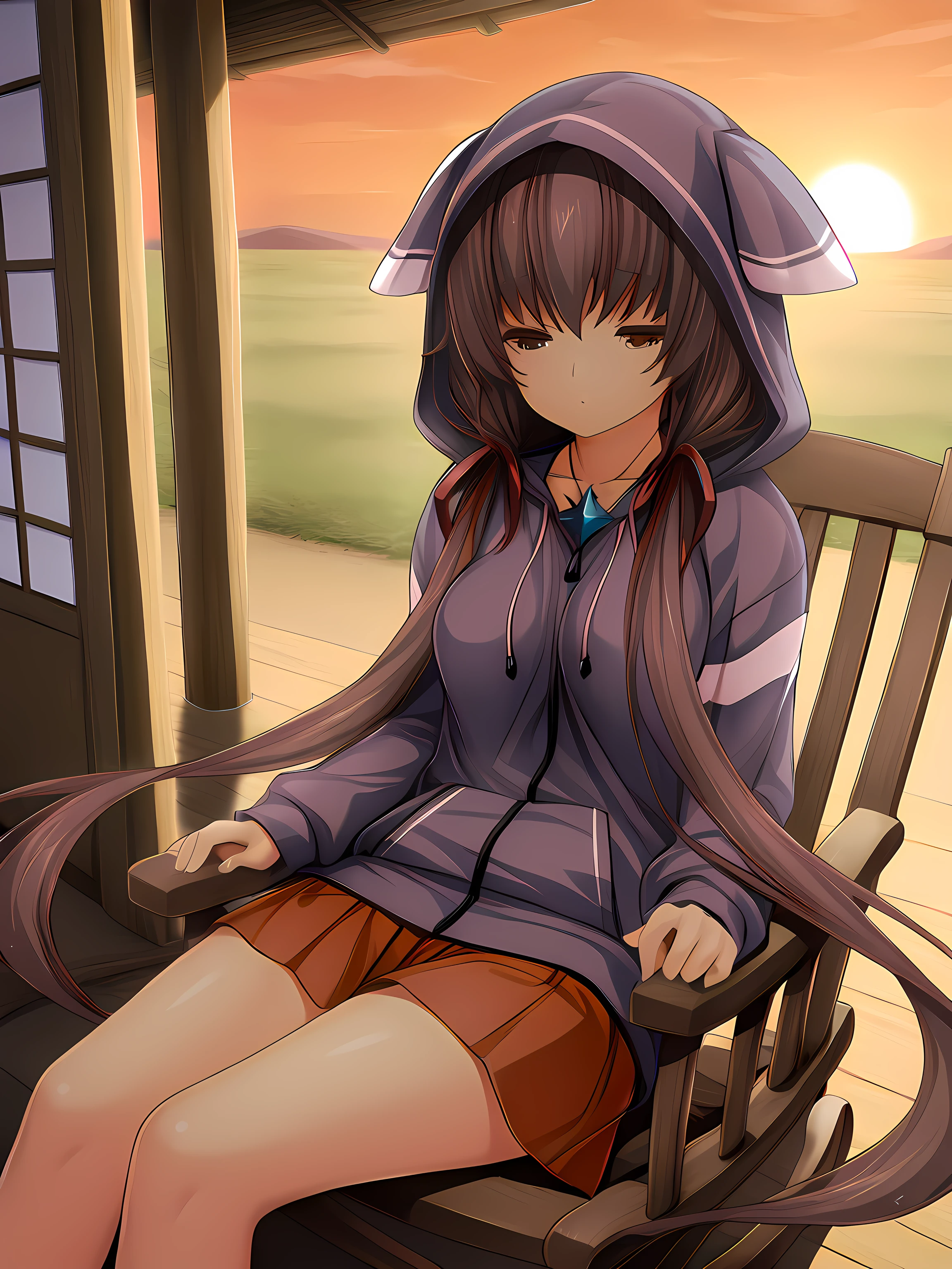 1girl,souma,inoino,casual outfit,<lora:Souma__Spica_-_Exs-Tia:1>,medium breasts,souma,animal hood,sitting,rocking chair,porch,outside,sunset,dappled sunlight,light breeze,hair blowing in the wind,very long hair,hair over shoulder,skirt,, masterpiece,best quality,amazing quality,