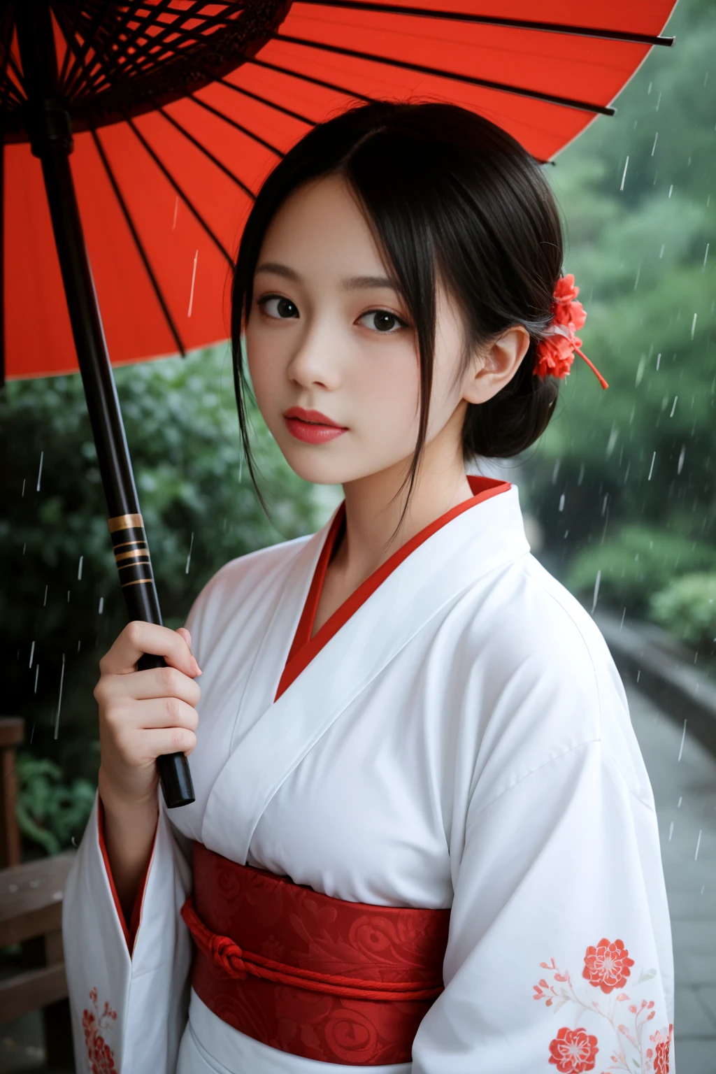 score_9,score_8_up,score_7_up,dynamic_angle,Upper Body,1girl,looking_at_viewer,cute:1.2, kimono,makeup,red_lips,outdoors,kyoto temple,blurry_background,raining,red oil-paper_umbrella,one-length haircut