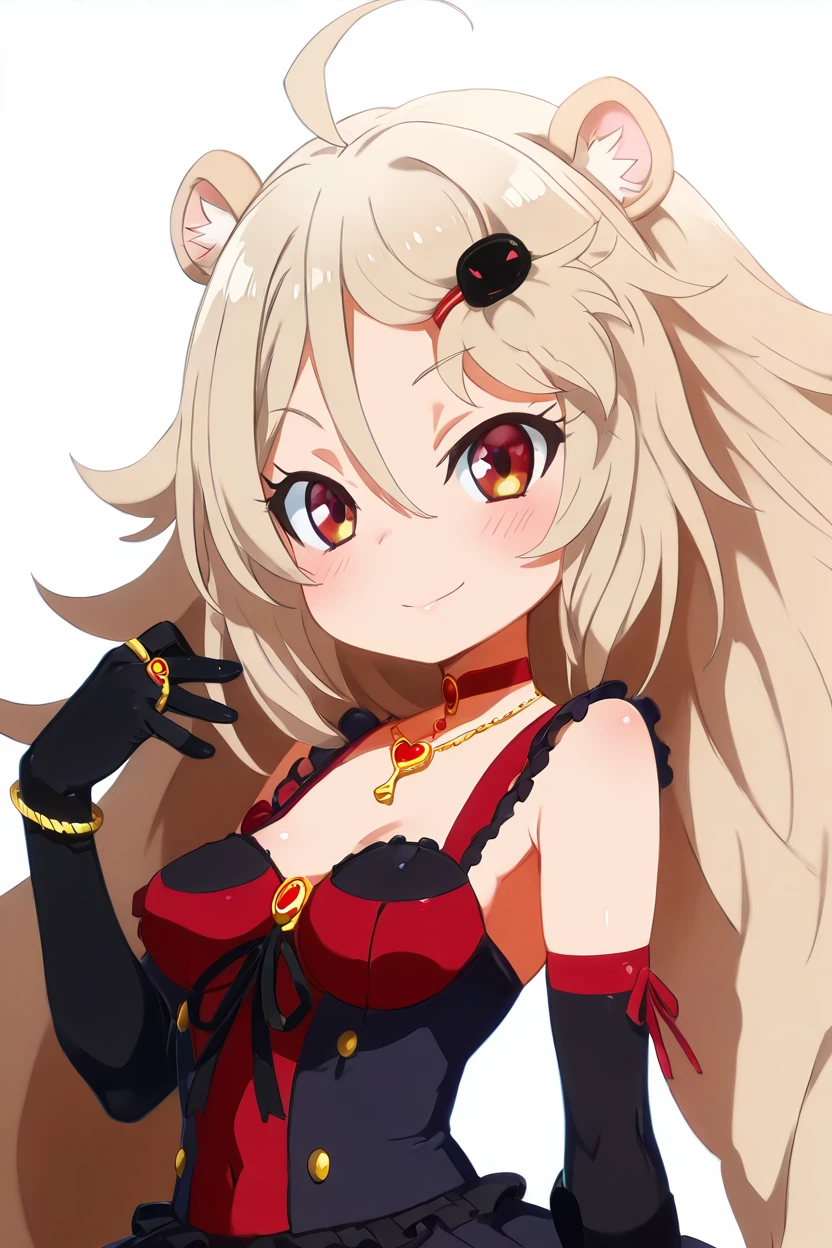 masterpiece, best quality, solo, curvy, beautiful eyes,zzAilane, red eyes, ahoge, blonde hair, grey hair, hair ornament, hairclip, long hair, hair between eyes, animal ears, animal ear fluff,  dress, ribbon, bare shoulders, jewelry, frills, choker, black gloves, elbow gloves, necklace, ring, cross, lion ears,  <lora:Ailane_ShowByRock_IXL:1.0>, upper body, side view, smile, looking at viewer, shiny skin,<lora:HaradaTakehitoIXL_v3:1.3>, <lora:ZankuroIXLLight_v2:0.6>,