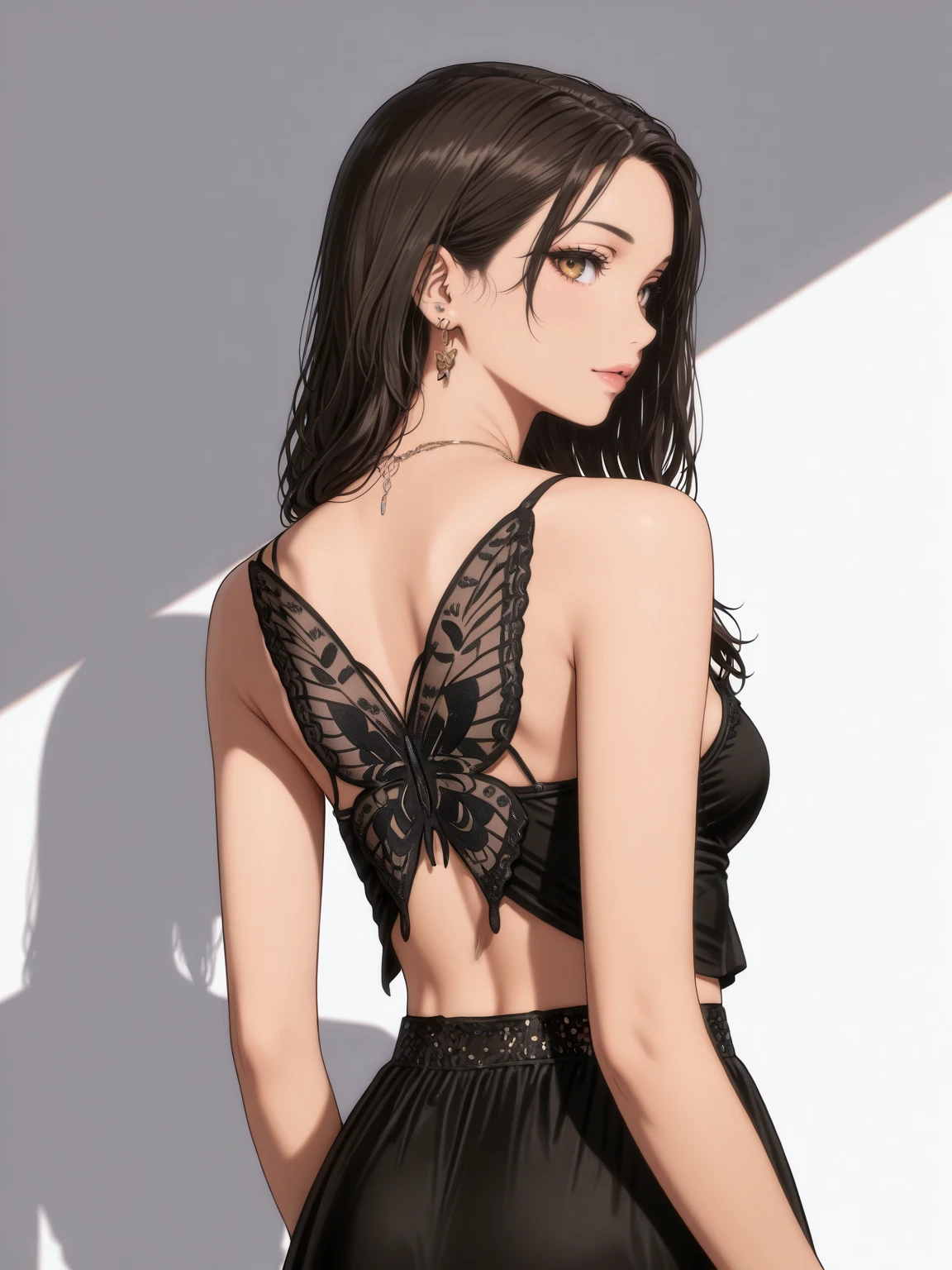 Masterpiece,best quality,vector art,looking at viewer,
butterfly_top, a woman in a black dress with a butterfly back ,wearing butterfly_top, butterfly design embroidery, back view
<lora:edgButterflyILS:1>