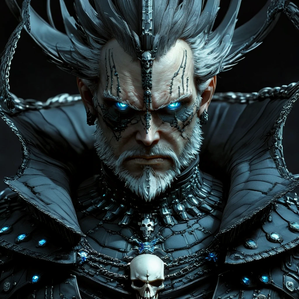 <lora:Eldritch_Sci-FiSDXL:1> ArsMJStyle, Eldritch Sci-Fi, The image shows an animated man wearing a black costume with a skull on his chest set against a dark background. He appears to be a character from the game Dark Souls III: The Ringed City., 1boy, male focus, solo, facial hair, armor, beard, glowing, blue eyes, glowing eyes, looking at viewer