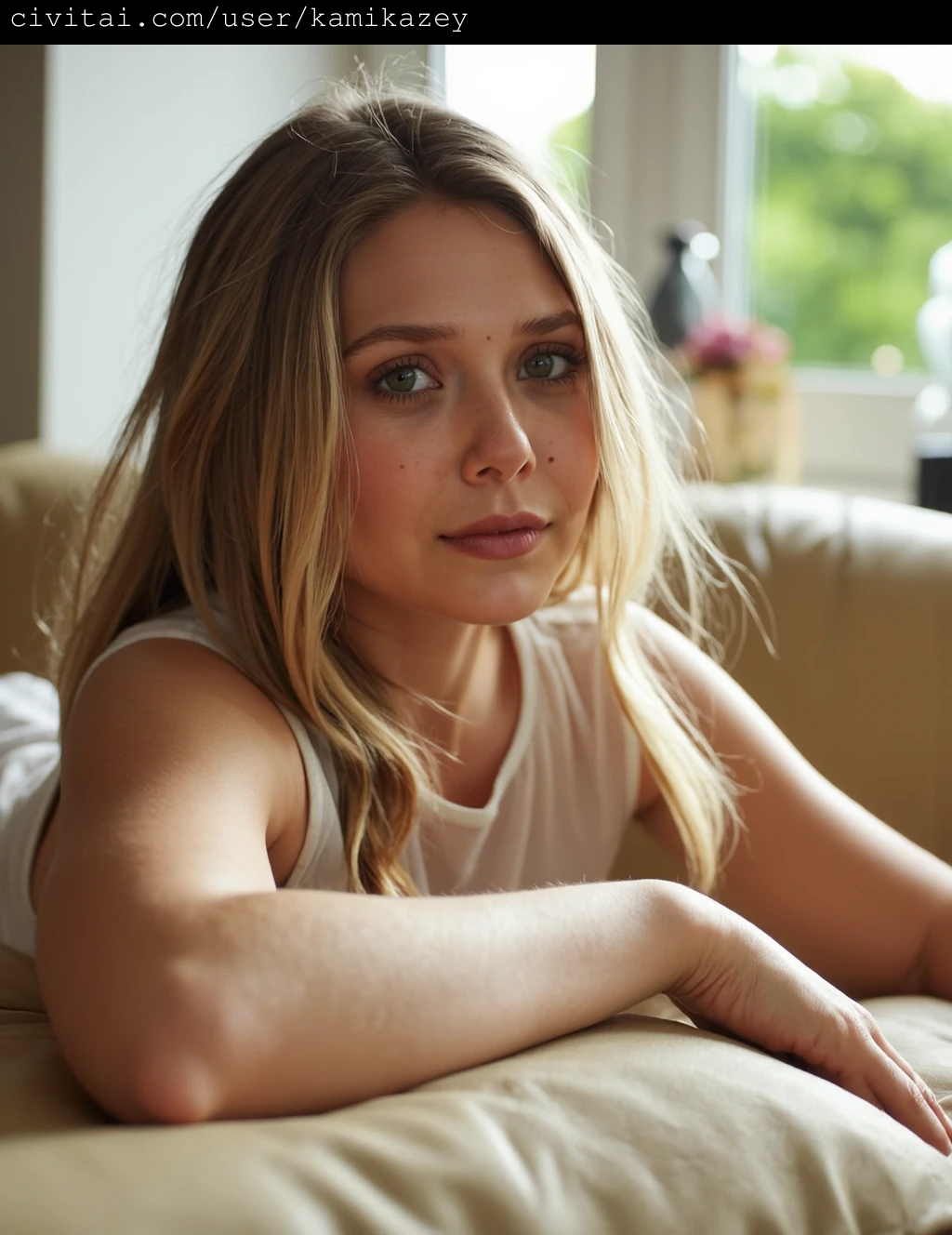 a young, blonde woman lying on her stomach on a cream-colored leather couch in a well-lit room, with natural light streaming in through a window. She has light skin and is wearing a white, sleeveless top that reveals her shoulders. Her hair is voluminous, with loose, tousled waves that frame her face and cascade over her shoulders. Her facial expression is serene and slightly pensive, with full, slightly parted lips and light makeup that accentuates her natural beauty. Her eyes are a soft, light brown, and her gaze directly engages the camera, creating a sense of intimacy and connection with the viewer. The background features a blurred, green foliage view through the window, adding a touch of nature to the scene. The overall composition is warm and inviting, with a soft, natural glow highlighting the subject and creating a cozy, intimate atmosphere. The photograph exudes a sense of tranquility and effortless elegance.