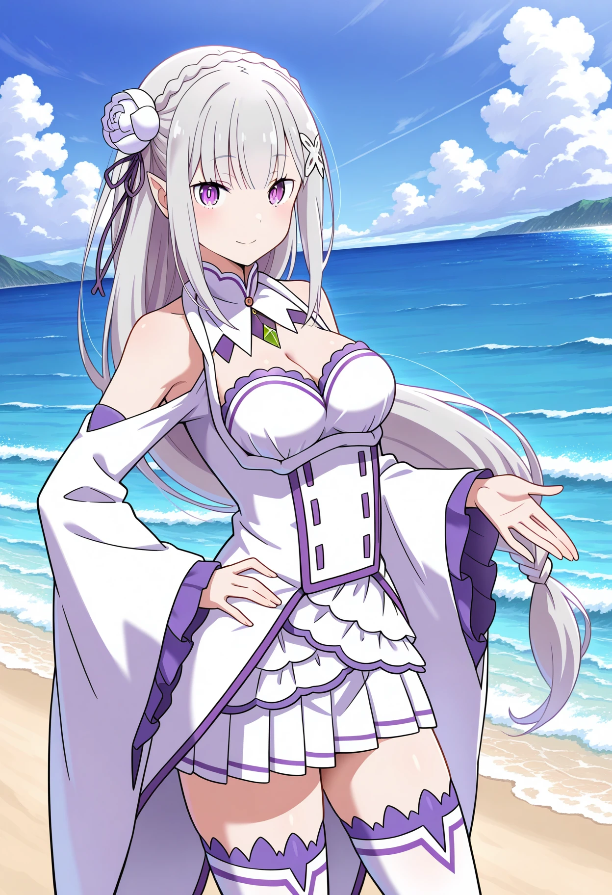 1girl, solo, 
<lora:shiEmiliaV12ill:1>, shimilia, long hair, grey hair, purple eyes, pointy ears, crown braid, hair flower, hair ribbon, purple ribbon, x hair ornament, white dress, cleavage, bare shoulders, wide sleeves, white thighhighs, thigh boots,
looking at viewer, smile, hand on own hip, thighhighs, outdoors, scenery, cloud, blue sky, ocean, waves,
newest, masterpiece, best quality,