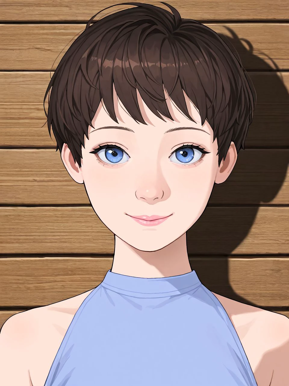 IllusP0s_1097608, wooden wall background, drop shadow, 1girl, portrait, looking at viewer, light smile, closed mouth, <lora:graceFCD_ILXL:0.4> gracfcd, pixie cut, brown hair, blue eyes, pink lips, light blue halterneck, sleeveless, bare shoulders, straight-on, nose, chin, jaw,