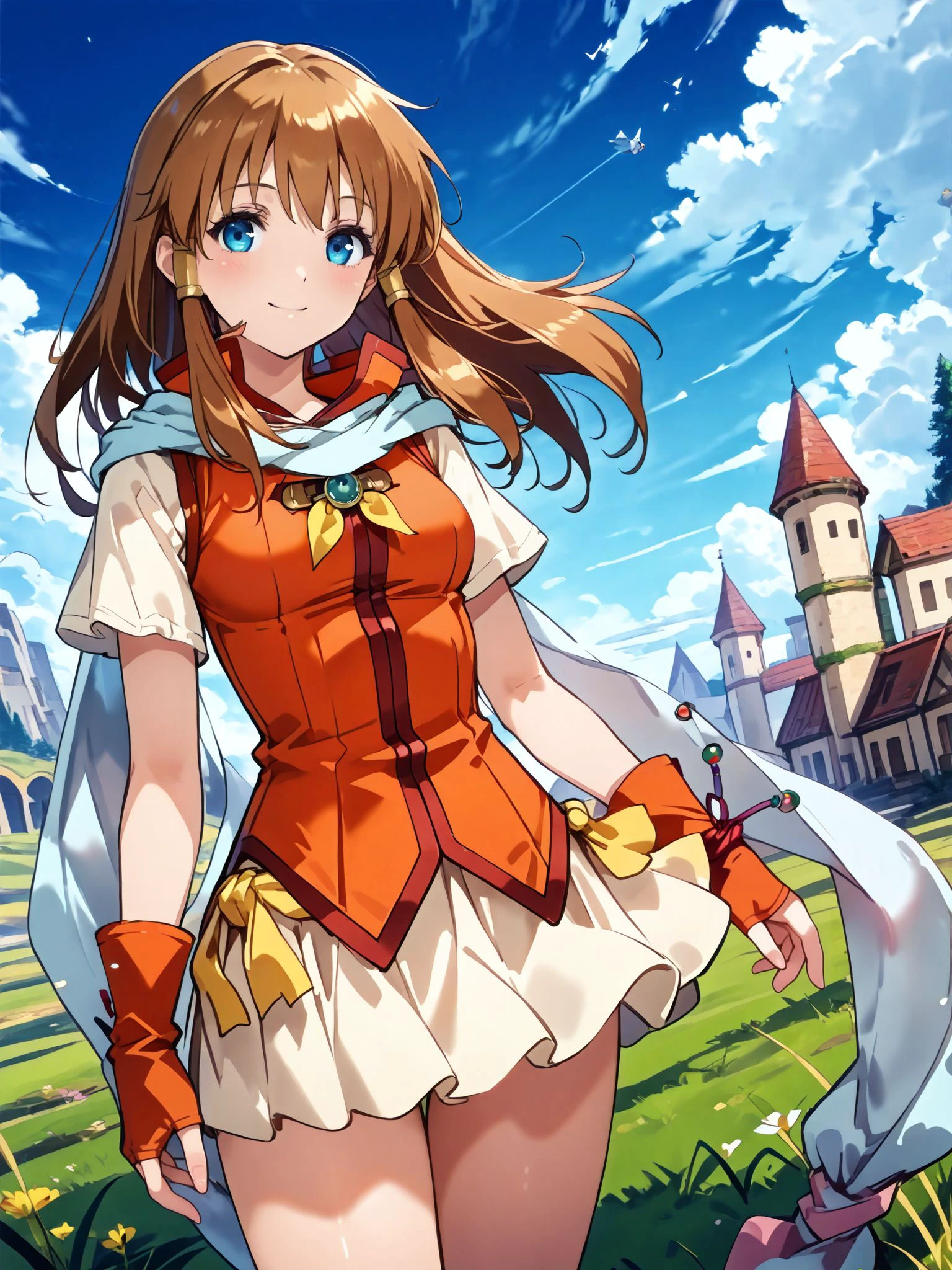 masterpiece,best_quality,1girl,solo,<lora:mist ferd_illustriousXL:0.8>,mist ferd,scarf,pendant,fingerless gloves,shirt,skirt,cowboy shot,standing,smile,looking at viewer,grass,blue sky,