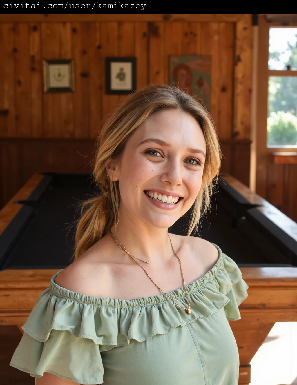 This is a photograph of elizabeth_olsen standing in a cozy, rustic room with wooden paneling. She has fair skin, blue eyes, and long, blonde hair styled in a high ponytail. She wears a light green, off-the-shoulder top with ruffled details, giving her a playful, youthful look. Her smile reveals straight, white teeth, and her eyes are sparkling with joy. Around her neck, she wears a delicate gold necklace with a small pendant.
The background features a pool table with dark felt and a black cushion in the center. The room is warmly lit, with natural light streaming through a window on the right, revealing greenery outside. The walls are lined with wooden panels, and a few framed pictures are hung in a straight line, adding to the rustic charm. The overall ambiance is inviting and homely, with a touch of nostalgia.
 a candid moment, highlighting the subject's cheerful expression and the warm, cozy atmosphere of the room. The texture of the wooden walls and the softness of her attire contrast beautifully, enhancing the visual appeal of the image.