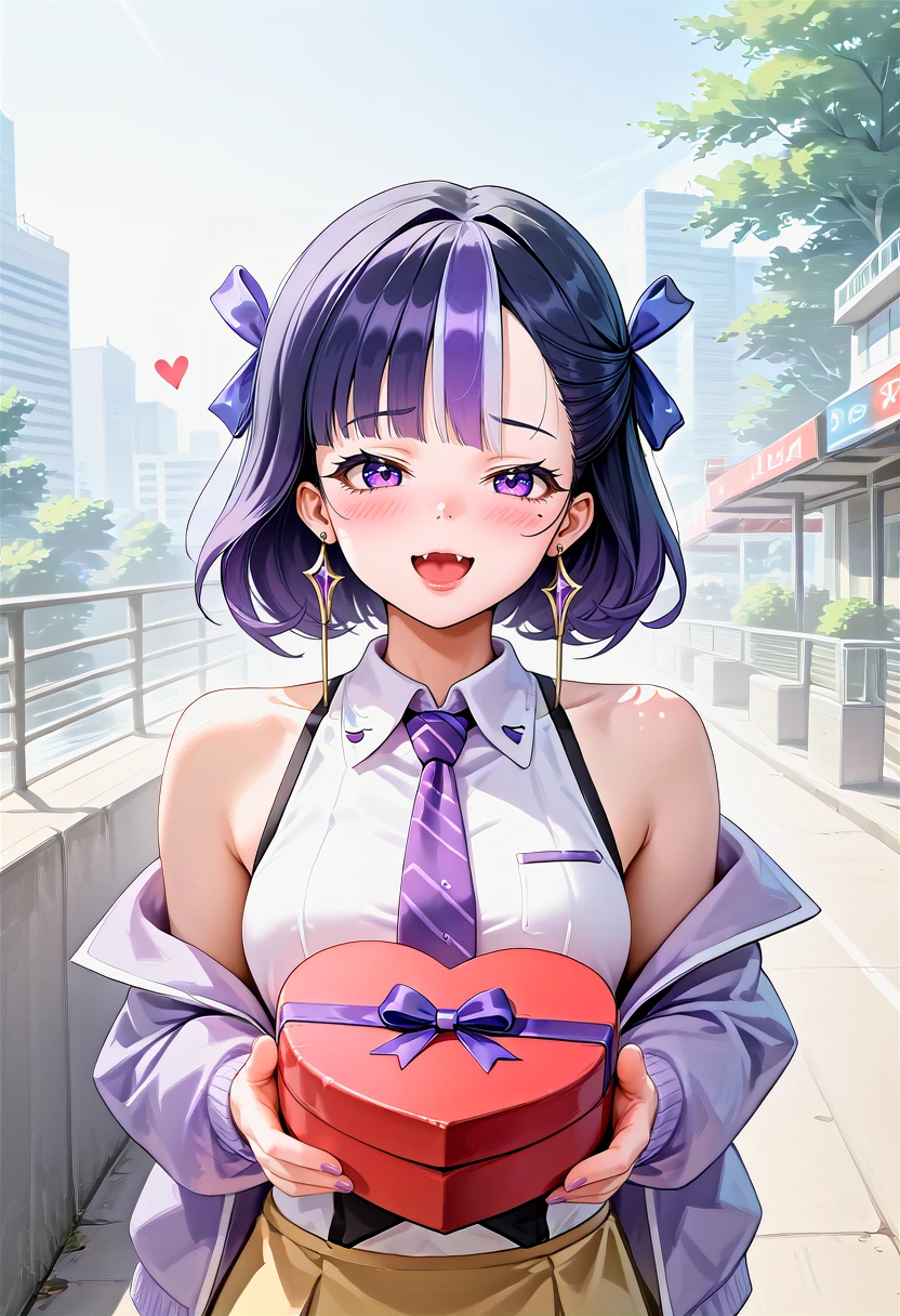 blush, open mouth, short hair, shirt, skirt, holding, ribbon, jewelry, jacket, white shirt, earrings, open clothes, necktie, sleeveless, fang, looking at viewer, sleeveless shirt, outdoors, city, guard rail, tree, sun, heart, box, gift, valentine, purple ribbon, purple nails, off shoulder, gift box, purple jacket, holding gift, purple necktie, heart-shaped box, upper body, incoming gift, Syuen  <lora:PHAS:1>