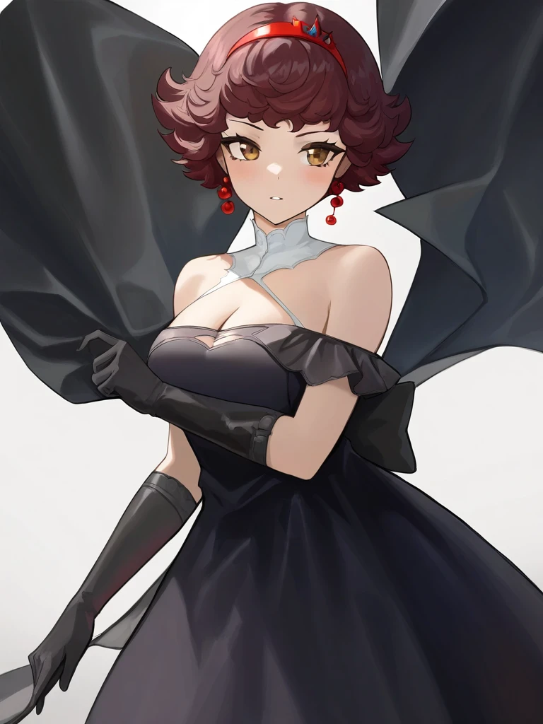 1girl,black gloves,cleavage,cowboy shot,mesmer jr.,simple background,solo,white background,,dress,off-shoulder_dress,<lora:mesmer-000012:0.8>, masterpiece, best quality, very aesthetic, absurdres