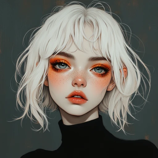 A striking portrait of a young woman with ethereal white hair, styled in soft, tousled waves. Her delicate face features sharp cheekbones, a slightly parted mouth with vibrant orange lips, and a captivating gaze from light gray-green eyes framed by bold lashes and fiery orange eyeshadow. Freckles scatter across her pale, flawless skin, adding an organic charm. The background is a muted dark tone, which contrasts dramatically with her luminous appearance. The composition emphasizes her surreal beauty, combining elements of realism and painterly texture, evoking a modern, dreamlike aesthetic. She wears a simple black top, further accentuating the focus on her expressive features. The overall style blends contemporary digital portraiture with subtle influences of traditional oil painting techniques