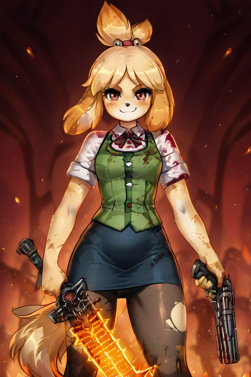 masterpiece, best quality, eyelashes, (beautiful eyes),  solo,   zzIsabelleDoom, brown eyes, topknot, dog ears, blouse, crucible (doom), demon, dog tail, double-barreled shotgun, energy sword, energy weapon, gun, hair bell, legs apart, miniskirt, multiple-barrel firearm, nintendo, pantyhose, pencil skirt, plaid clothes, red eyes, ryuusei (mark ii), sawed-off shotgun, shirt, shotgun, side-by-side-barreled shotgun, skirt, smile, sword, tail, torn clothes, torn pantyhose, weapon, white shirt, smug, smile, closed mouth, looking at viewer, cowboy shot,   <lora:MantisStyleIXL:0.7>,   <lora:SDXLFaeTastic2400:0.5>, <lora:IsabelleDoomSlayerIXL:1.0>,