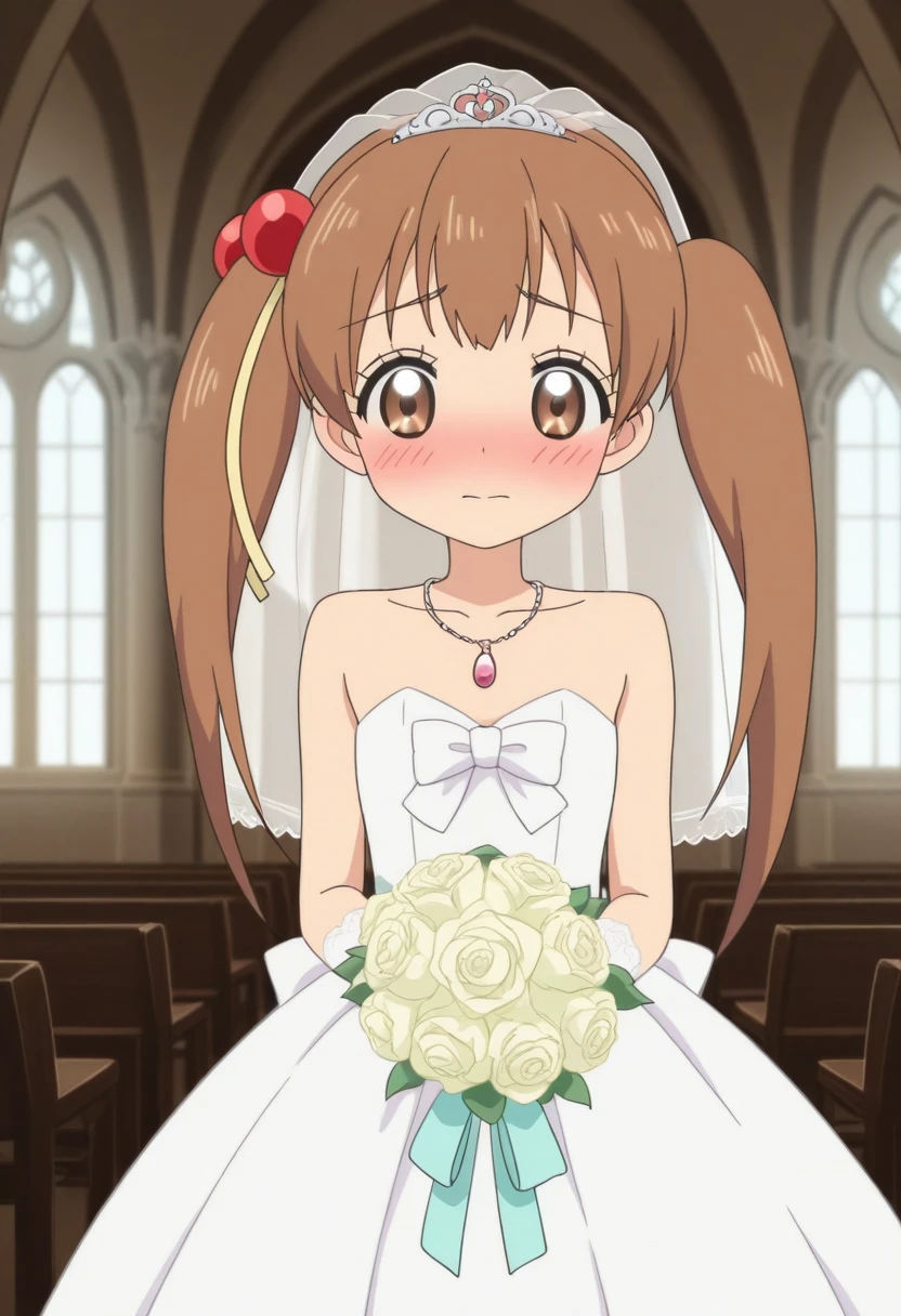 best quality, masterpiece, jpairi, twintails, brown hair, hair ornament, hair bobbles, long hair, blush, church, wedding dress, wedding veil, bouquet