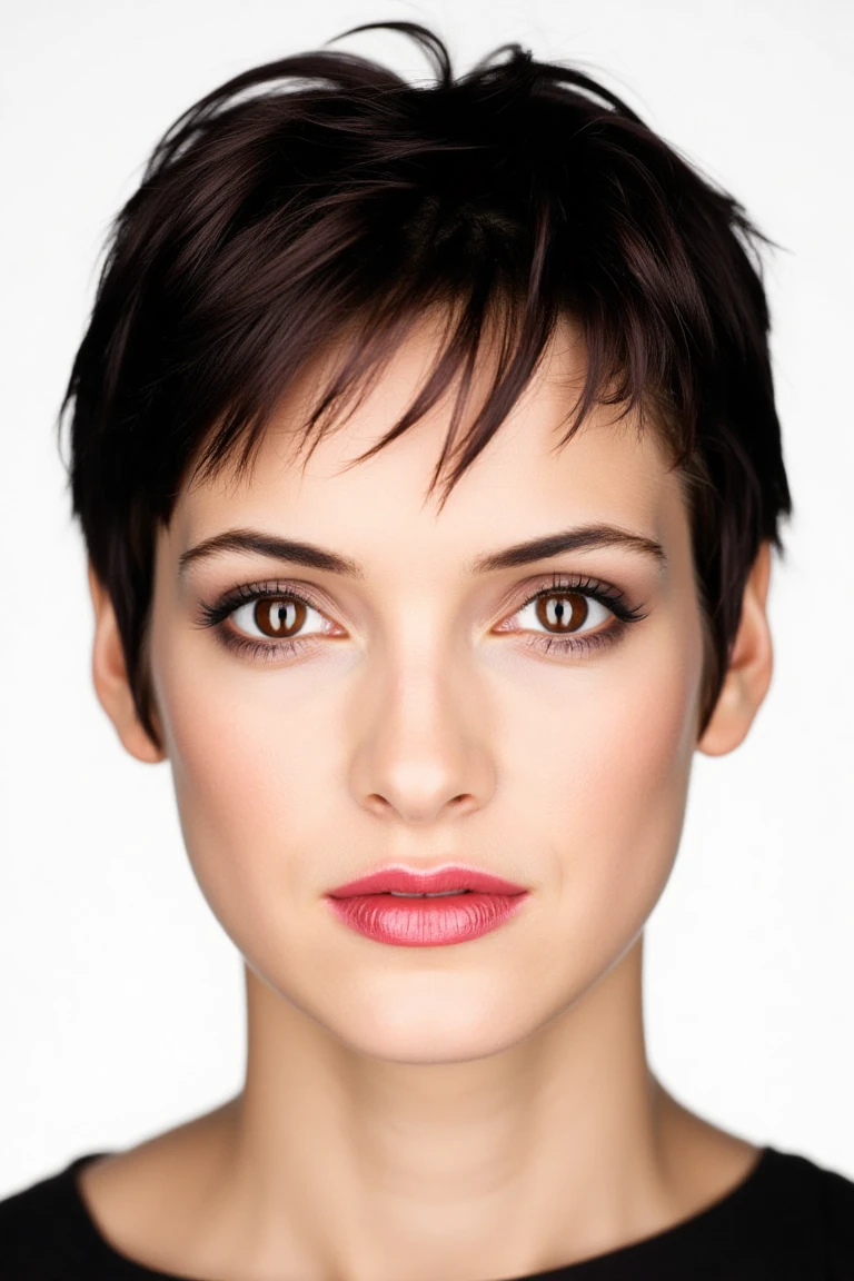 close up face portrait of winonarflx, a short haired brunette woman in martincstyle look, plain white studio backdrop, framed centered