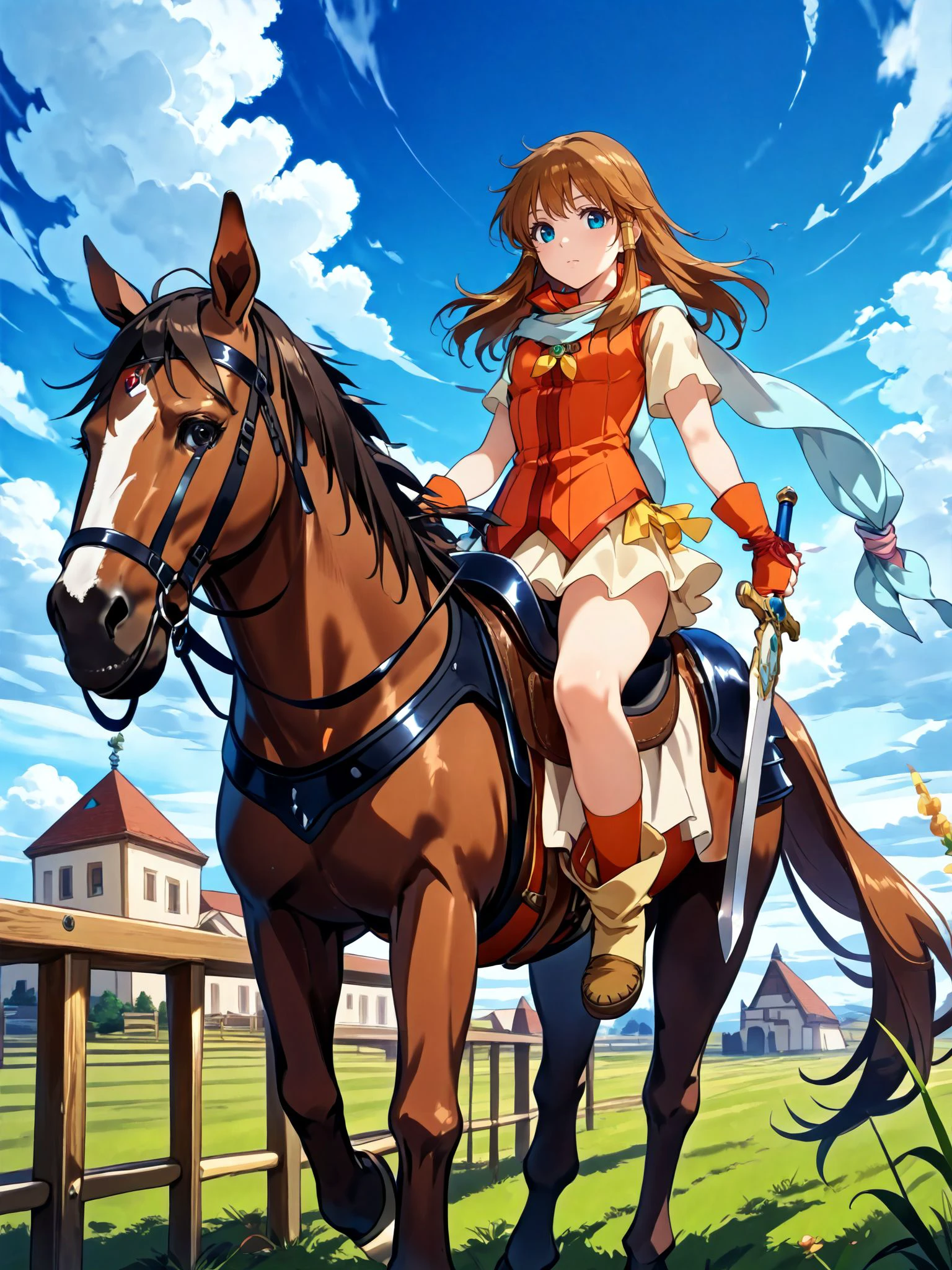 masterpiece,best_quality,1girl,solo,<lora:mist ferd_illustriousXL:0.8>,mist ferd,scarf,pendant,fingerless gloves,shirt,skirt,socks,boots,full body,riding brown horse,holding sword,blue sky,cloud,looking at viewer,