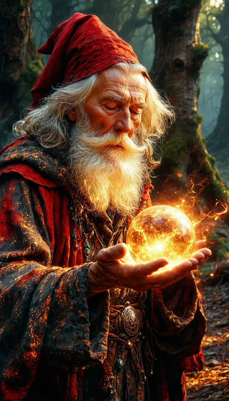 In the image, an elderly wizard with a long white beard and a red hat is the central figure. The wizard is holding a glowing orb in his right hand, which is emitting a warm, orange light. The wizard is dressed in a robe of red and gold, and his eyes are closed, suggesting a moment of deep concentration. The background is dark, with a hint of a forest visible in the distance. The image is taken from a low angle, looking up at the wizard, which gives him a sense of grandeur and importance.