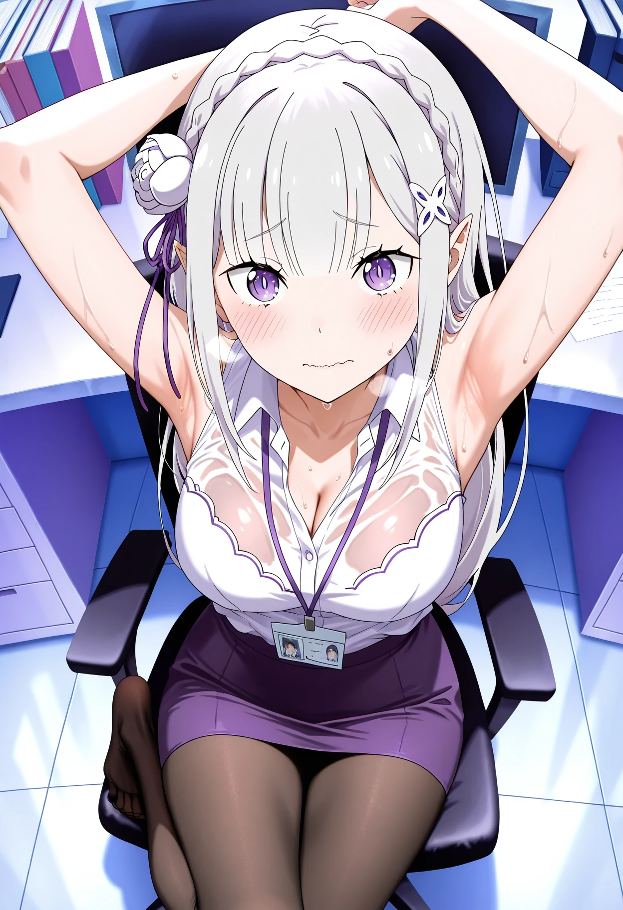 1girl, solo,
emilia \(re:zero\), office lady, from above, looking at viewer, looking up, from behind, office, office chair,
cleavage, name tag, see-through, sweat, heavy breathing, covering privates, orgasm, indoors, white room, pencil skirt, desk, miniskirt,
blush, shy, covering privates, wet, wavy mouth, nervous,
<lora:shiPantyhoseV1ill:1.0>,shiblkhose, black pantyhose, fine fabric emphasis, shispreadtoes, spread toes, armpits,
masterpiece, best quality, newest, absurdres, highres, anime screencap, pastel colors, detailed outline,
chromatic aberration, high contrast, color contrast, anime screencap, anime coloring, purple theme,