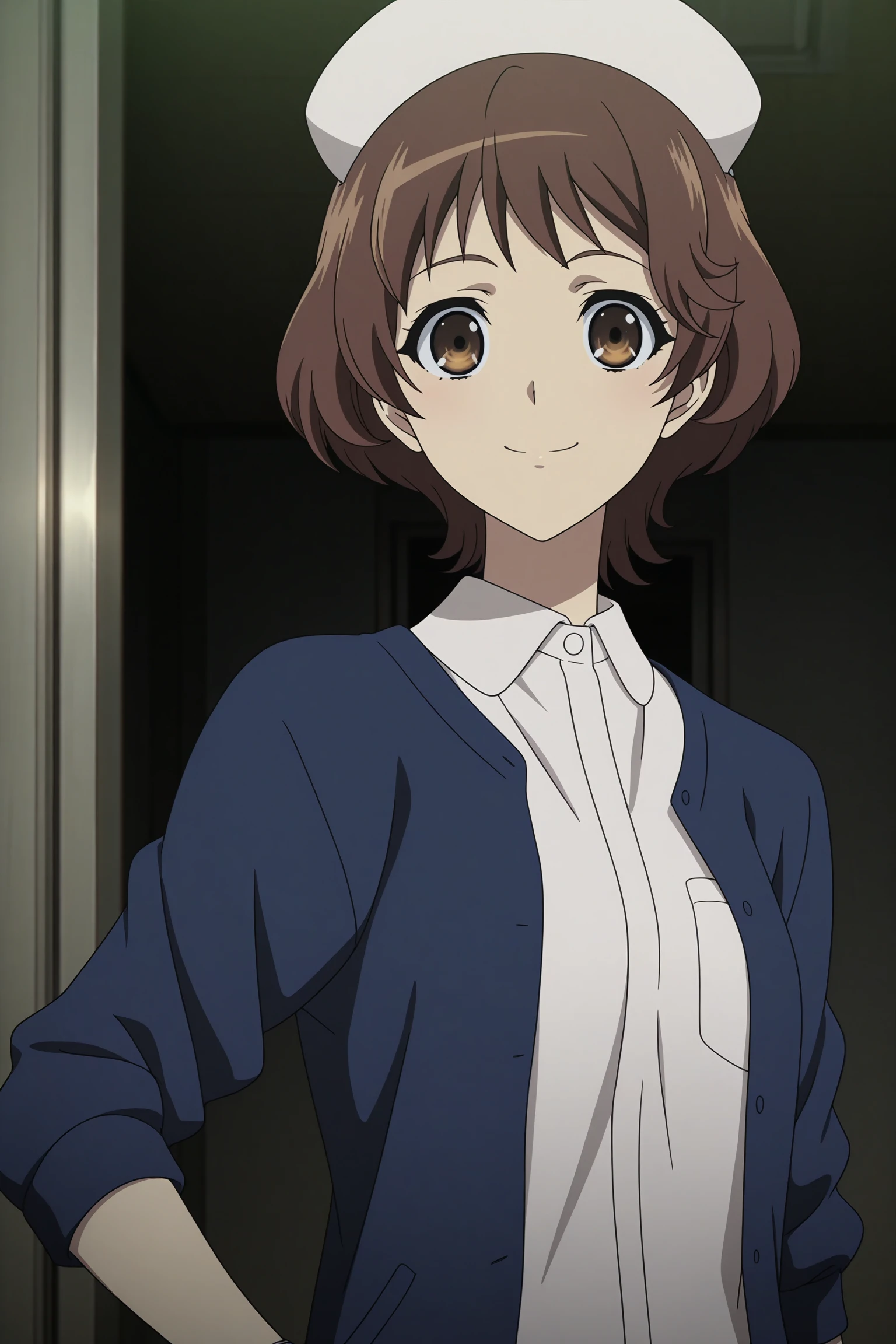 masterpiece, best quality, amazing quality, highres, absurdres, very aesthetic, high resolution, ultra detailed, perfect details, 1girl, solo, indoors, hospital, mizuno sanae, brown hair, short hair, brown eyes, nurse, nurse cap, blue cardigan, open cardigan, white shirt, collared shirt, long shirt, wristwatch, sandals, <lora:Sanae_Mizuno_ILXL:0.8>, (aged up:1.4), (upper body:1.2), (anime coloring:1.2), (anime screencap:1.2), looking at viewer, smile, (vignetting:1.6), (pose:1.2)