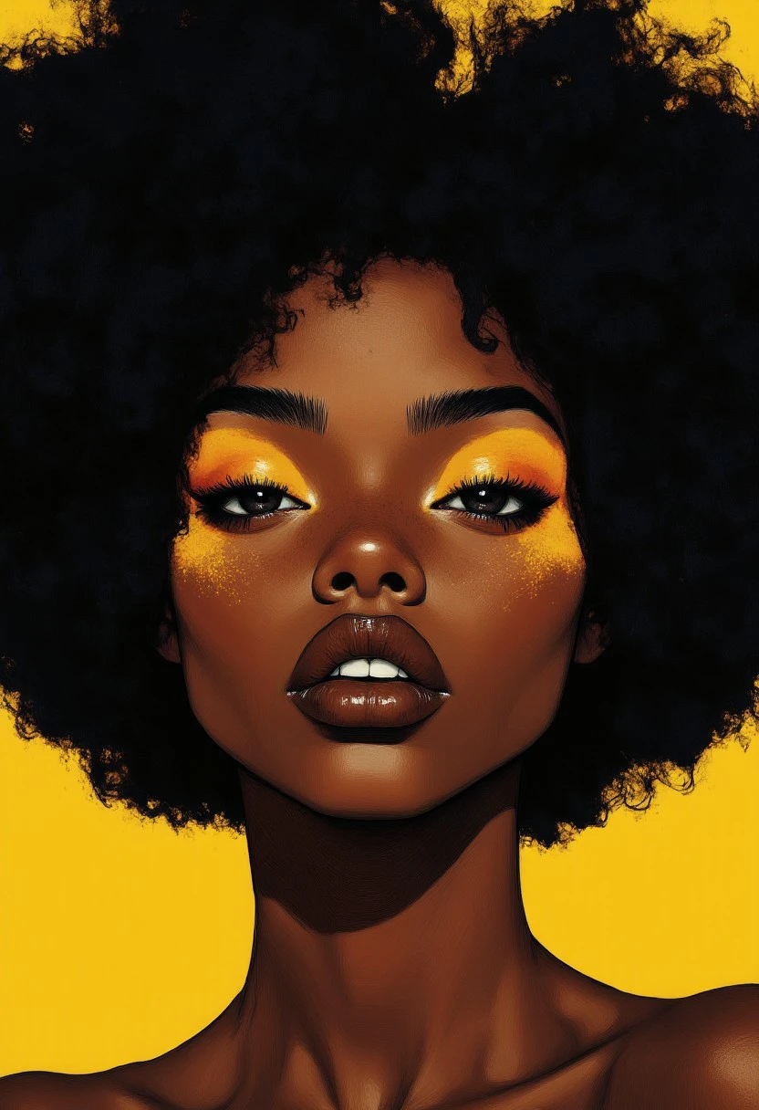 Black girl with a large afro, heavy yellow eye makeup and dark brown eyes, MoodyGirls