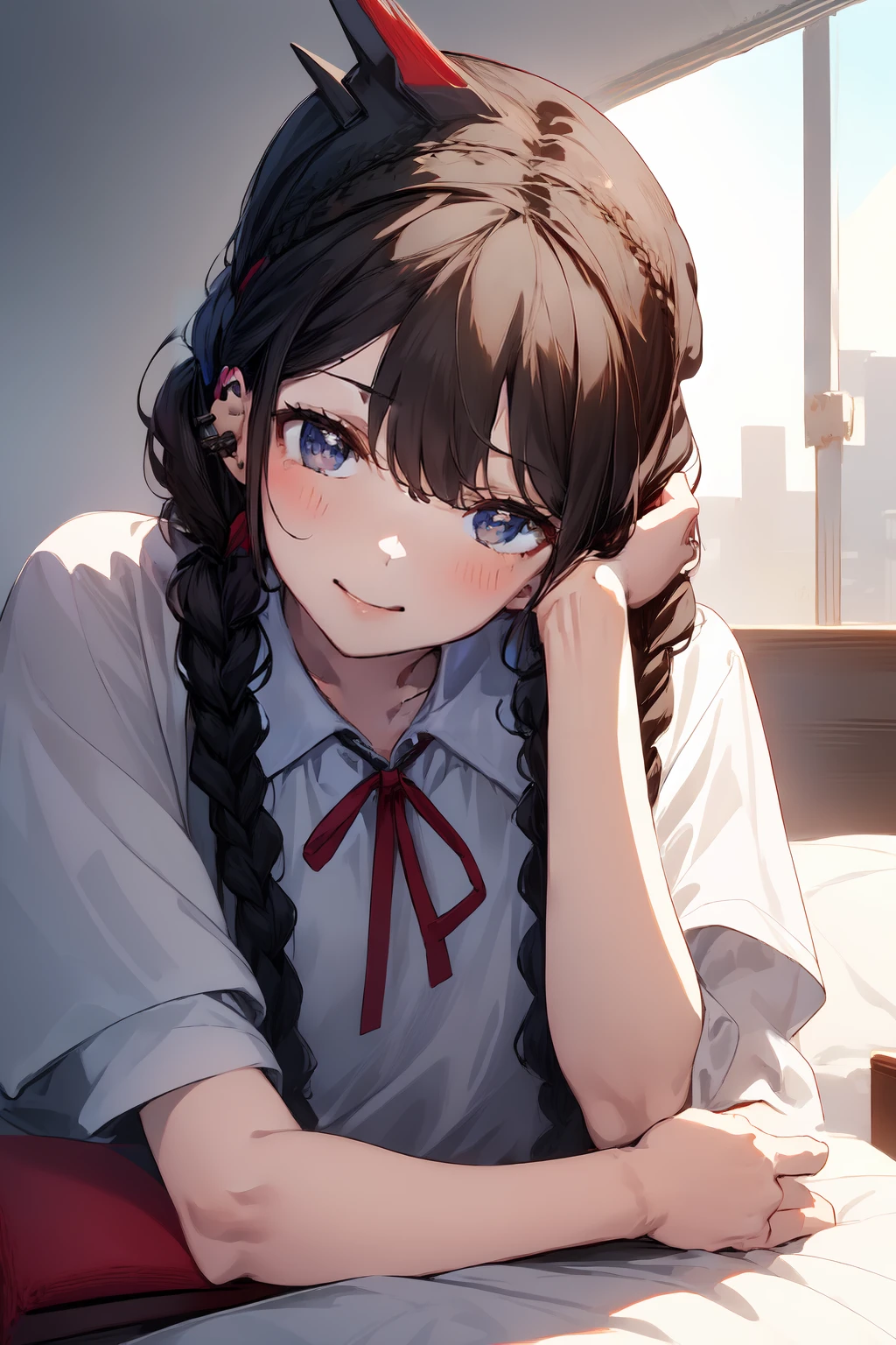 masterpiece, best quality, 1girl, casual, dress, neck ribbon, short sleeves, two-tone dress, smile, black hair, twin braids, red hair scrunchie, bedroom, sunlight, <lora:1.5 Between_pencils_and_semi-realism_Style:0.7> stbedap, sitting, on bed, dutch angle, (head rest:2),