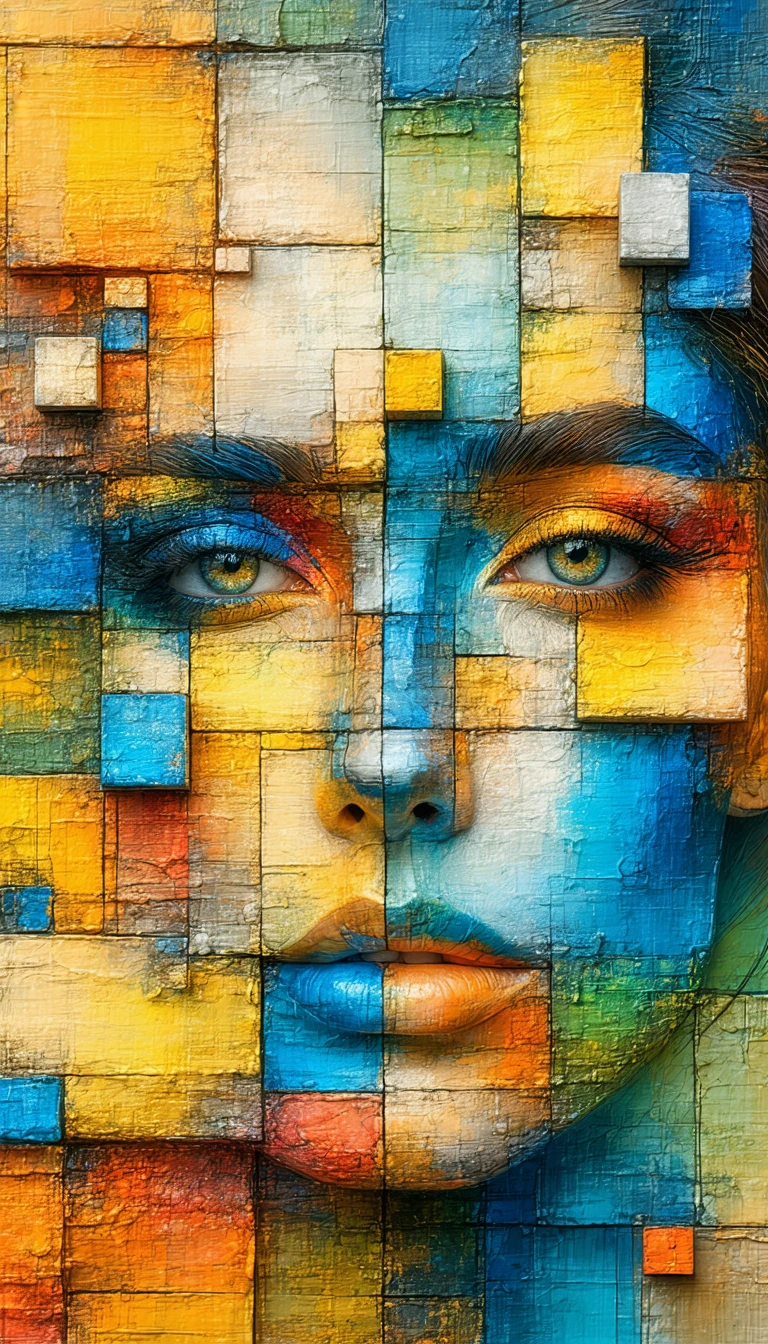 The image presents a surreal and abstract representation of a human face. The face is composed of various geometric shapes and structures, including cubes, rectangles, and triangles, arranged in a complex manner. The face is set against a vibrant, colorful background, which is a mix of yellow, green, and blue hues. The face is centrally positioned in the image, drawing the viewer's attention. The image is a digital art piece, created using a technique that blends the face with the surrounding environment.