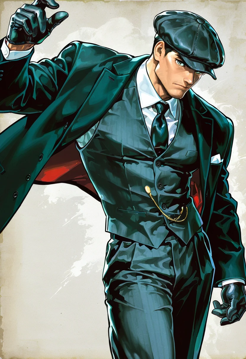 1boy,male focus,solo,looking at viewer, ikeda ruriko,pb clothing, hat, black necktie, black gloves, vest, black coat, white shirt, pants, collared shirt, suit, ryu (street fighter)