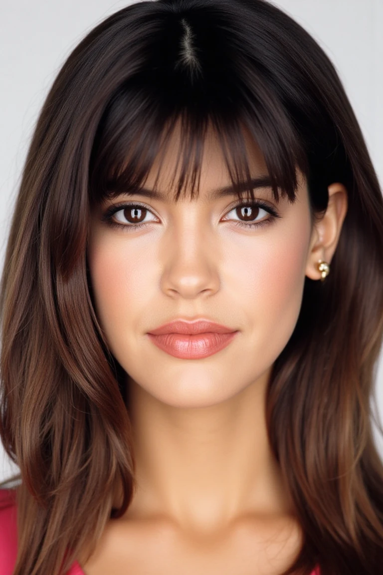 close up face portrait of phoebecflx, a young brunette woman with side parted bang hair in martincstyle look, plain white studio backdrop, framed centered