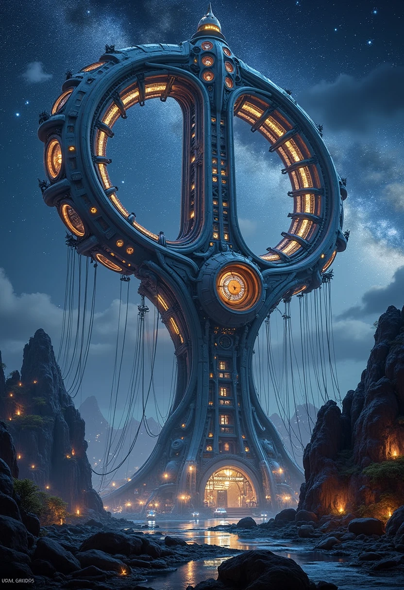 YFG-Rounded A towering space elevator base station shaped like a giant ring, with arcs of shimmering cables extending skyward, illuminated by cosmic light.