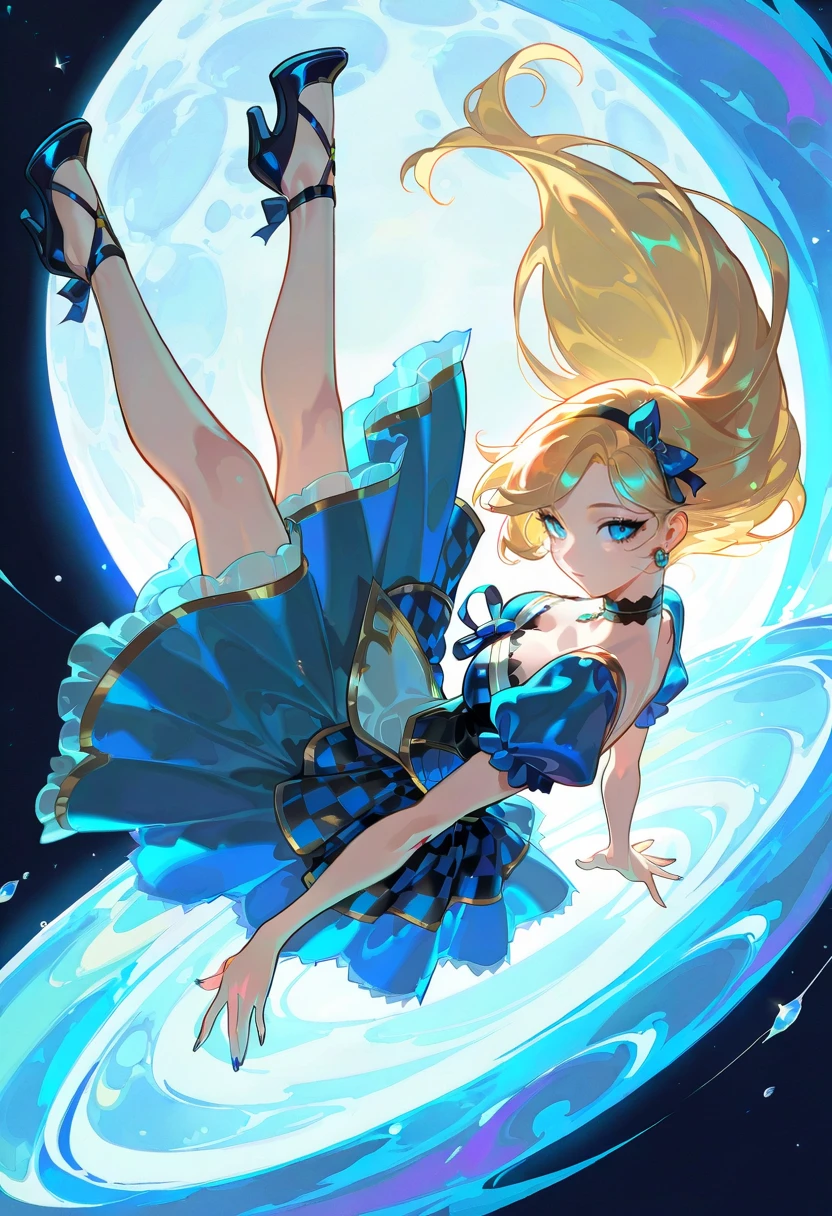 1girl,solo,looking at viewer, echo (circa),dress, short sleeves, checkered clothes, blue dress, choker, high heels,ahri_(league_of_legends), falling, wonderland