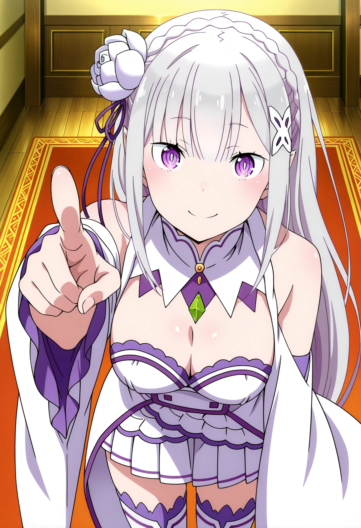 1girl, solo, anime screencap, anime coloring,
<lora:shiEmiliaV12ill:1>, shimilia, long hair, grey hair, purple eyes, pointy ears, crown braid, hair flower, hair ribbon, purple ribbon, x hair ornament, white dress, cleavage, bare shoulders, wide sleeves, white thighhighs, thigh boots,
looking at viewer, smile, white thighhighs, thigh boots, pointing at viewer,
masterpiece,best quality,amazing quality,